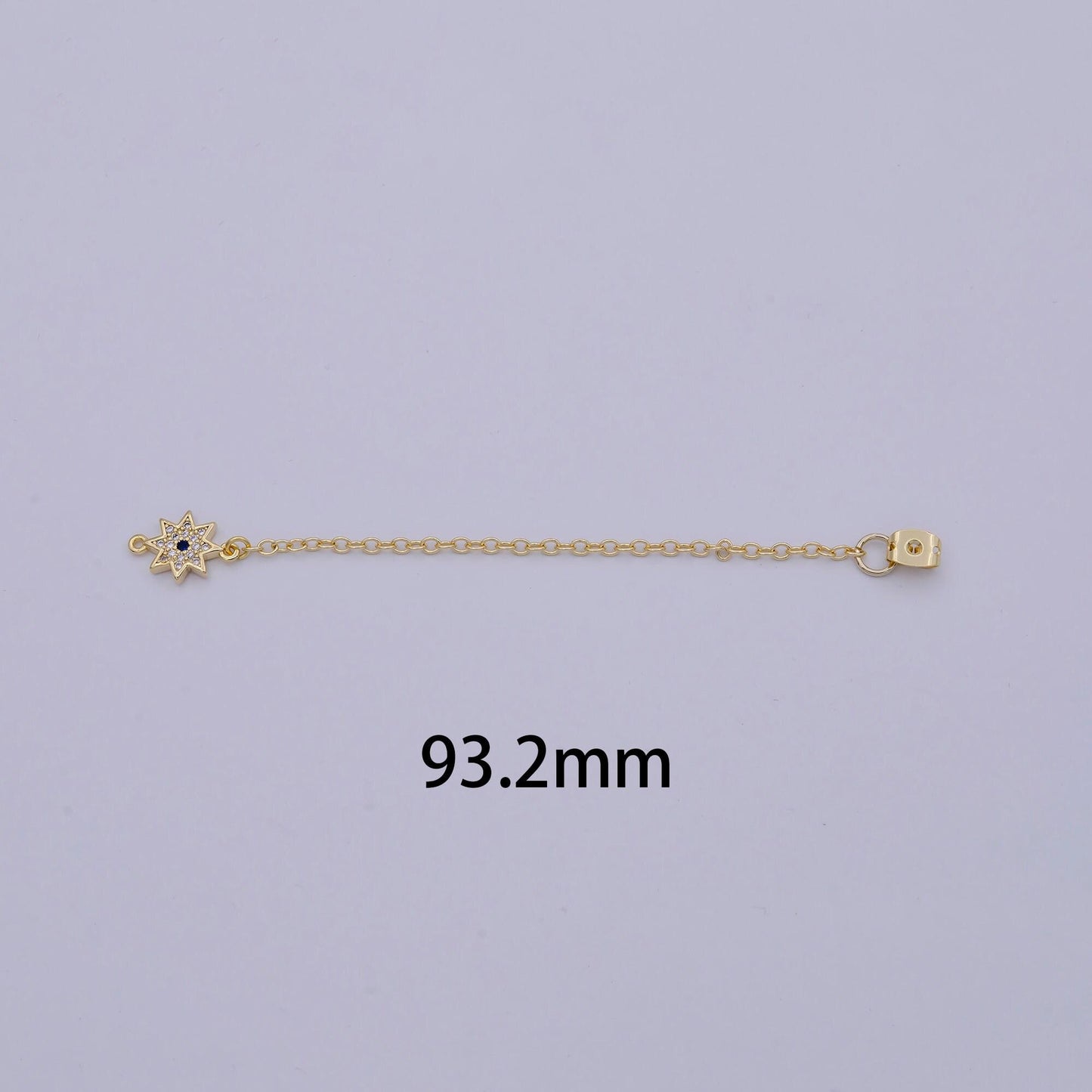 Back stopper w/ chain cz north star charm 2 pcs gold filled nickel free, butterfly clutch chain dainty earring back k-198
