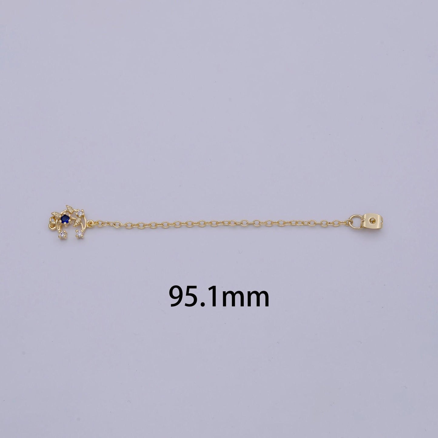 Back stopper w/ chain blue crescent moon charm 2 pcs gold filled nickel free, butterfly clutch chain dainty earring back k-186