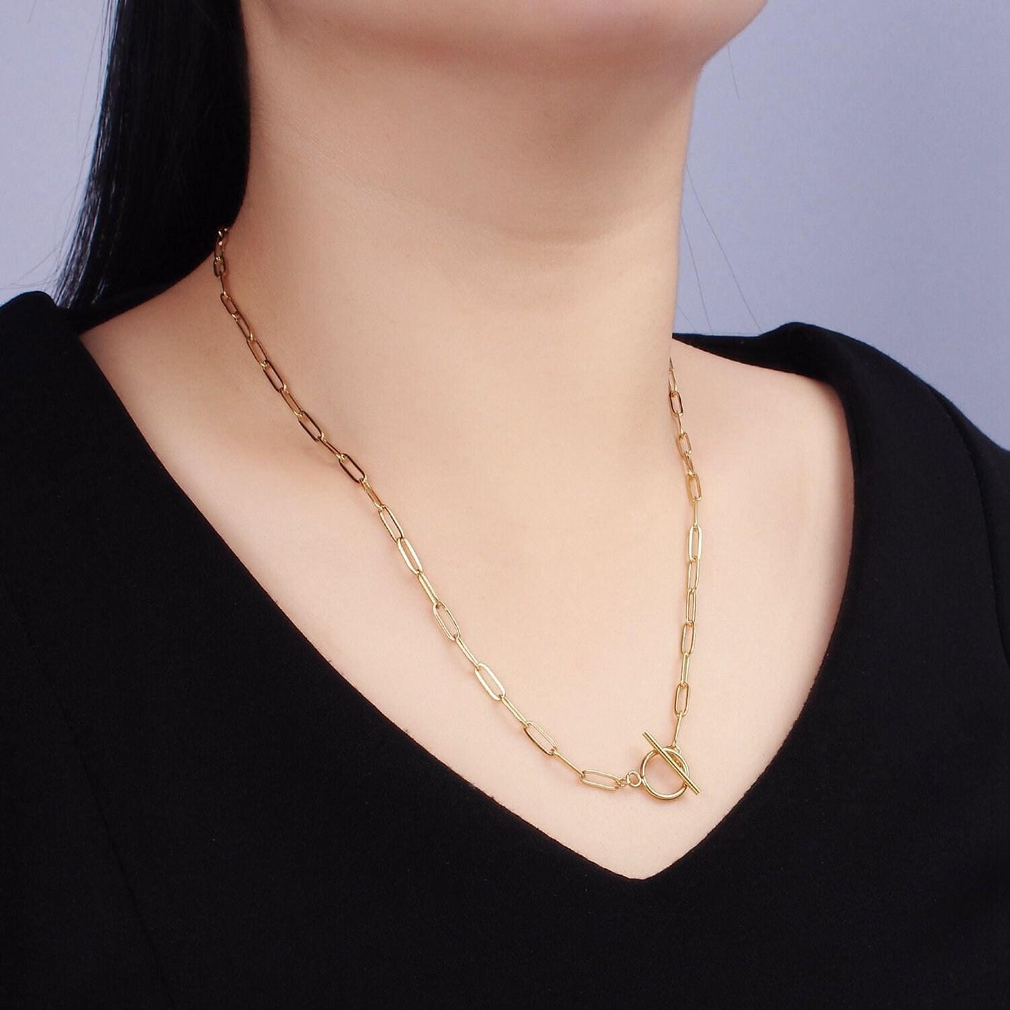 Dainty stainless steel paper clip chain necklace gold elongated necklace cable link chain 19 inch ready to wear necklace tarnish free wa2492