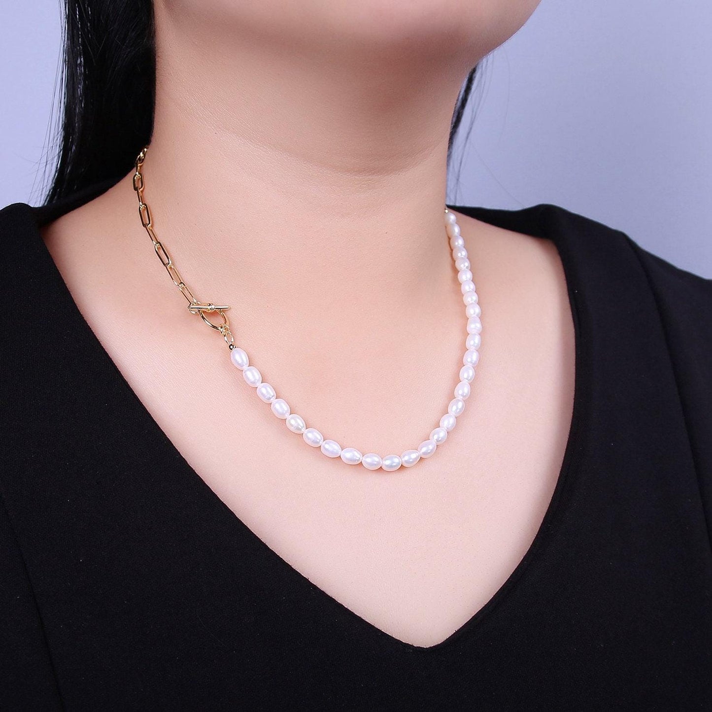 Half beaded half chain necklace in 18k gold fill | layer necklace paper clip chain rectangle | white freshwater pearl wa-863