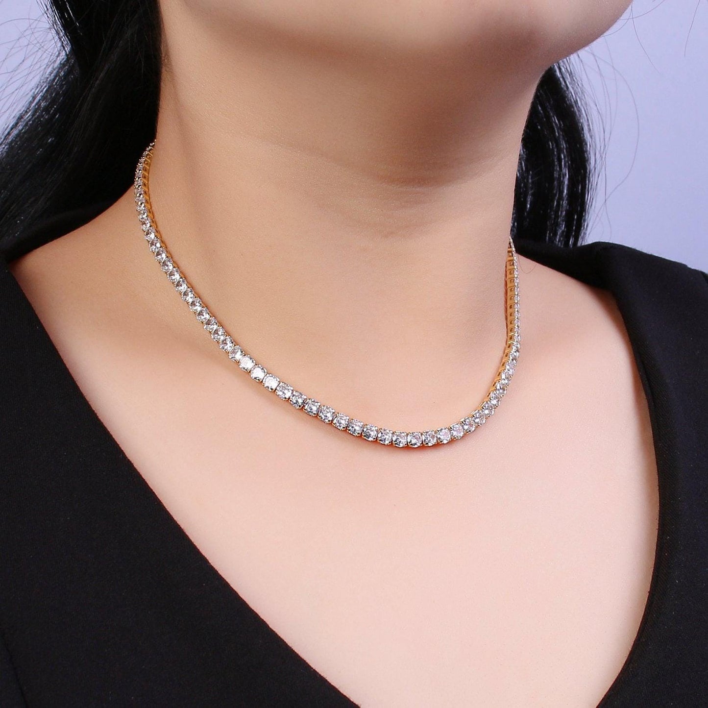 Gold filled tennis necklace | 3mm round cubic zirconia necklace | diamond cz tennis chain necklace | adjustable layer necklace wa-700