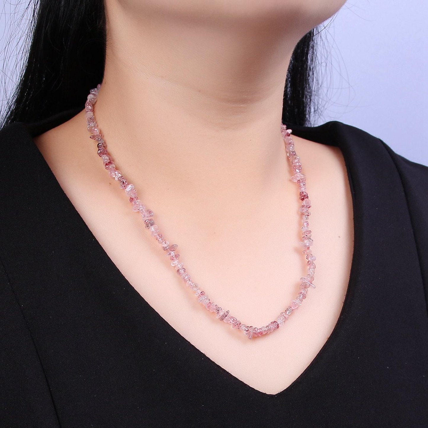 Strawberry quartz beaded necklace - 18.5" chip necklace healing crystals, gemstone necklace, handmade jewelry, crystal necklace wa-632