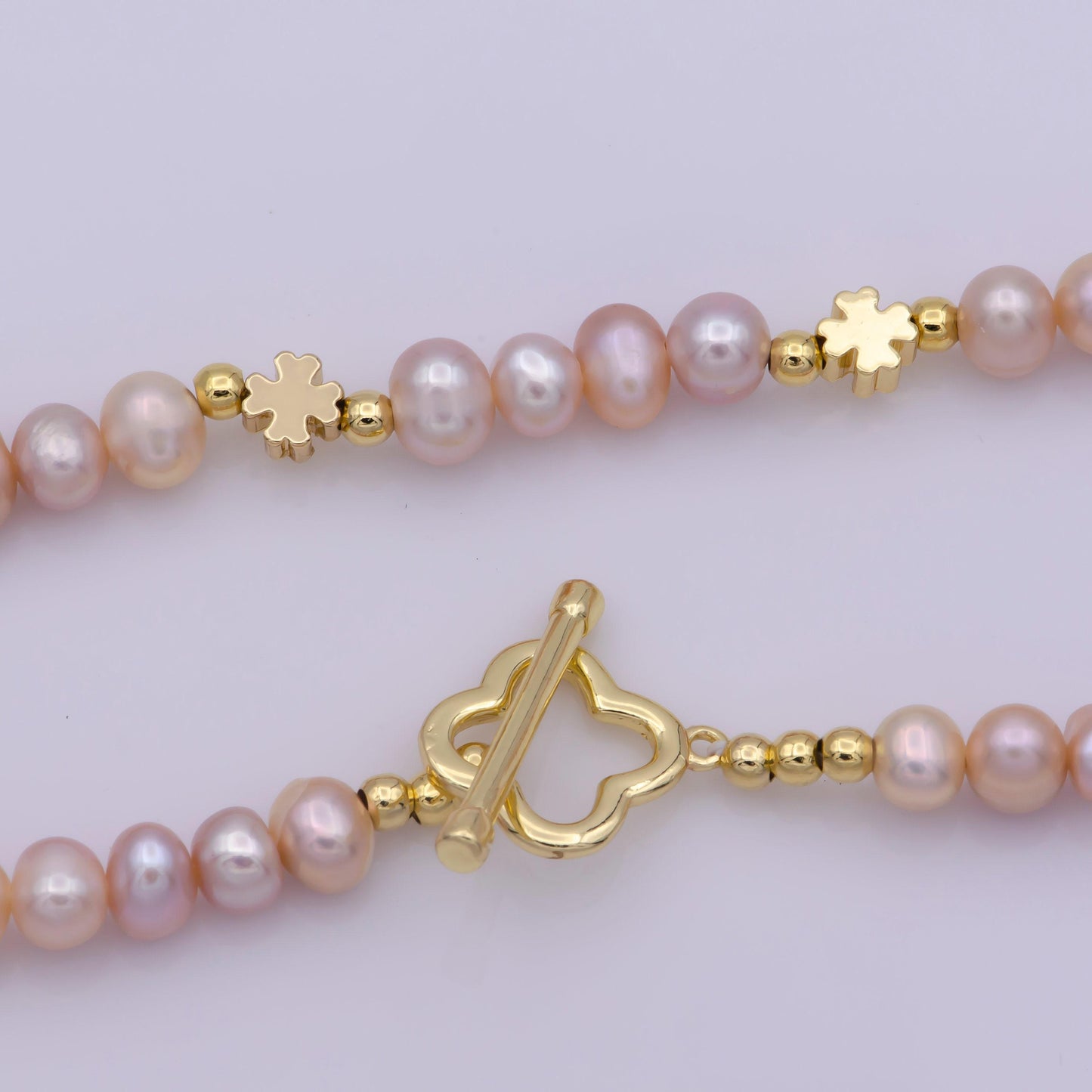 Peach pearl necklace, fresh water pearl baroque chain choker necklace 16.2" necklace cross beaded gold chain wa-410