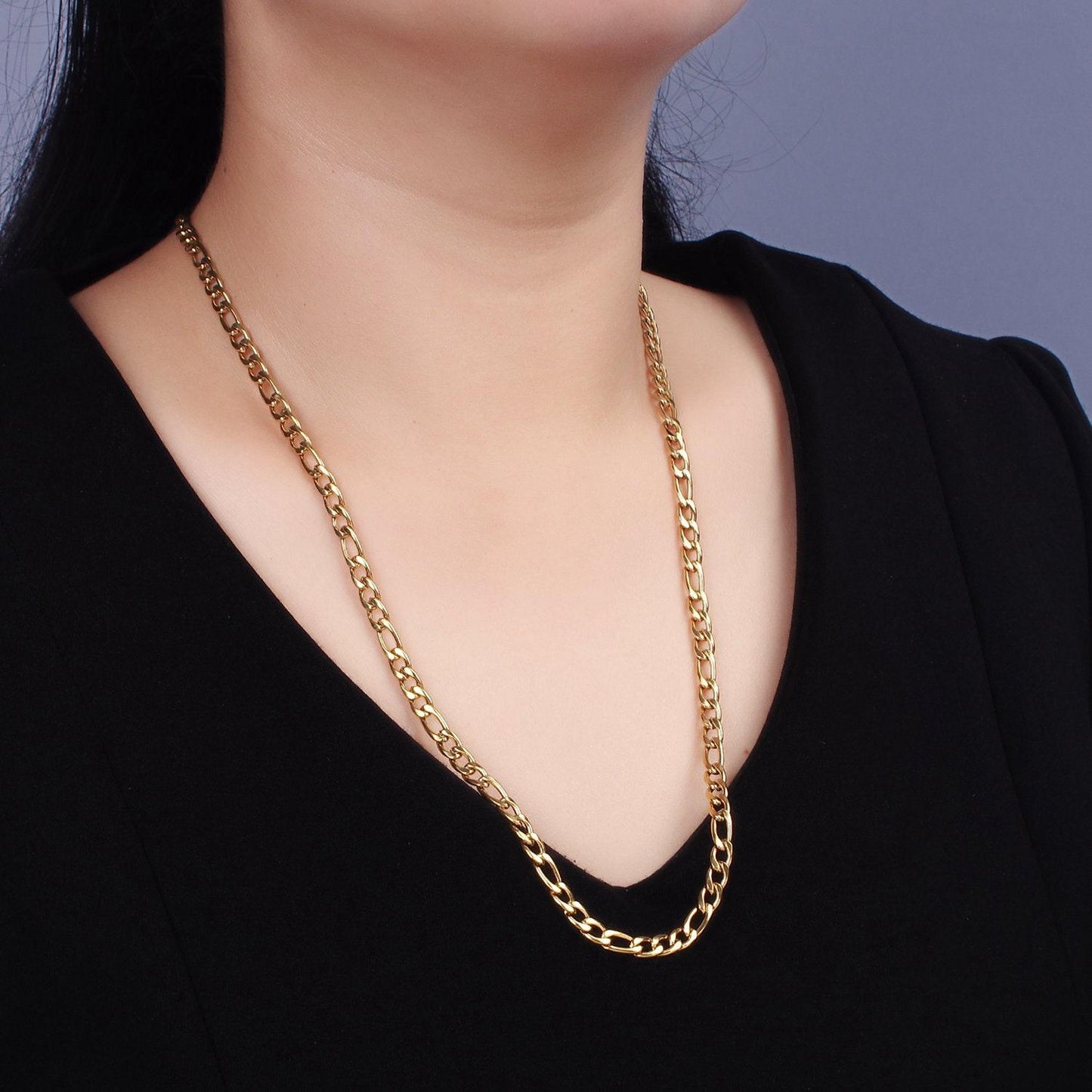 5.2mm figaro link stainless steel gold plated necklace chain for men or women long figaro chain 20, 22, 24 inch necklace wa2312