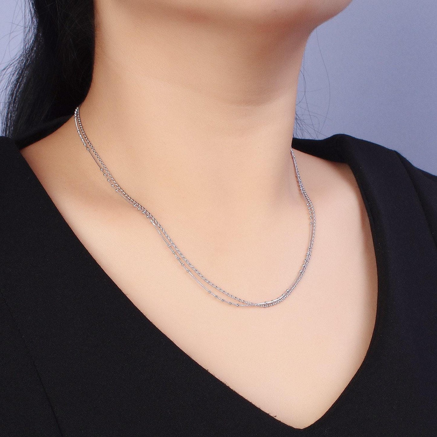 Double layer silver necklace set two strand chain multi strand necklace satellite chain and cable link chain necklace for minimalist wa1606
