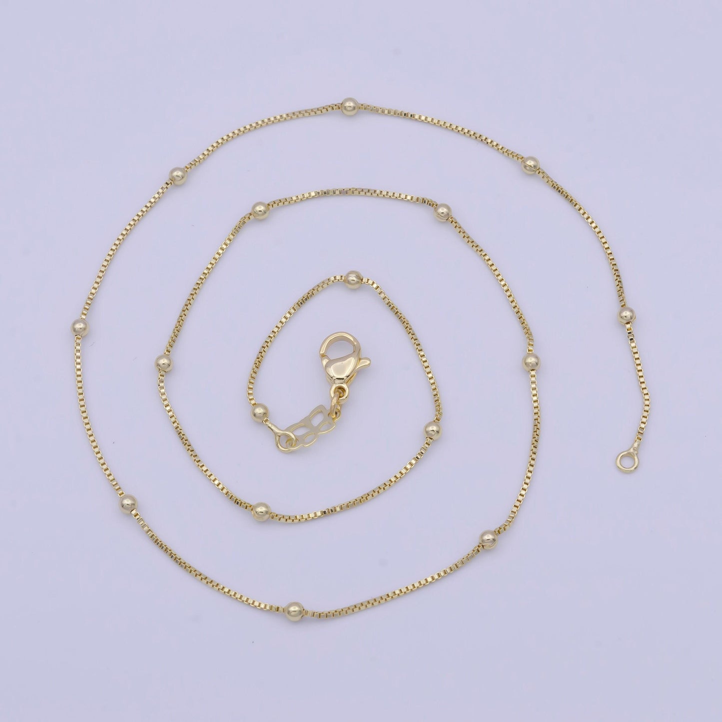 0.9mm gold satellite box chain necklace, 14k gold plated 18.0" w. 2.4mm beads satellite box link ready to wear necklace | wa-1108