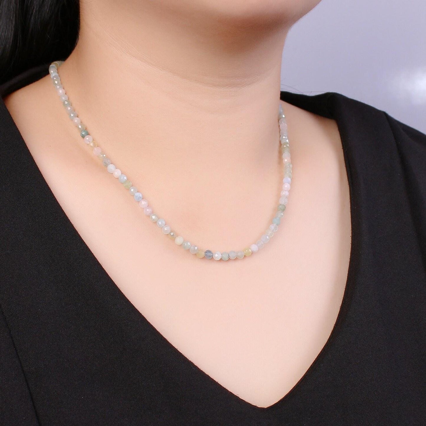 Stunning morganite tiny bead necklace, gold necklace, necklaces for women, precious stone bead necklace. beaded necklace, gemstone