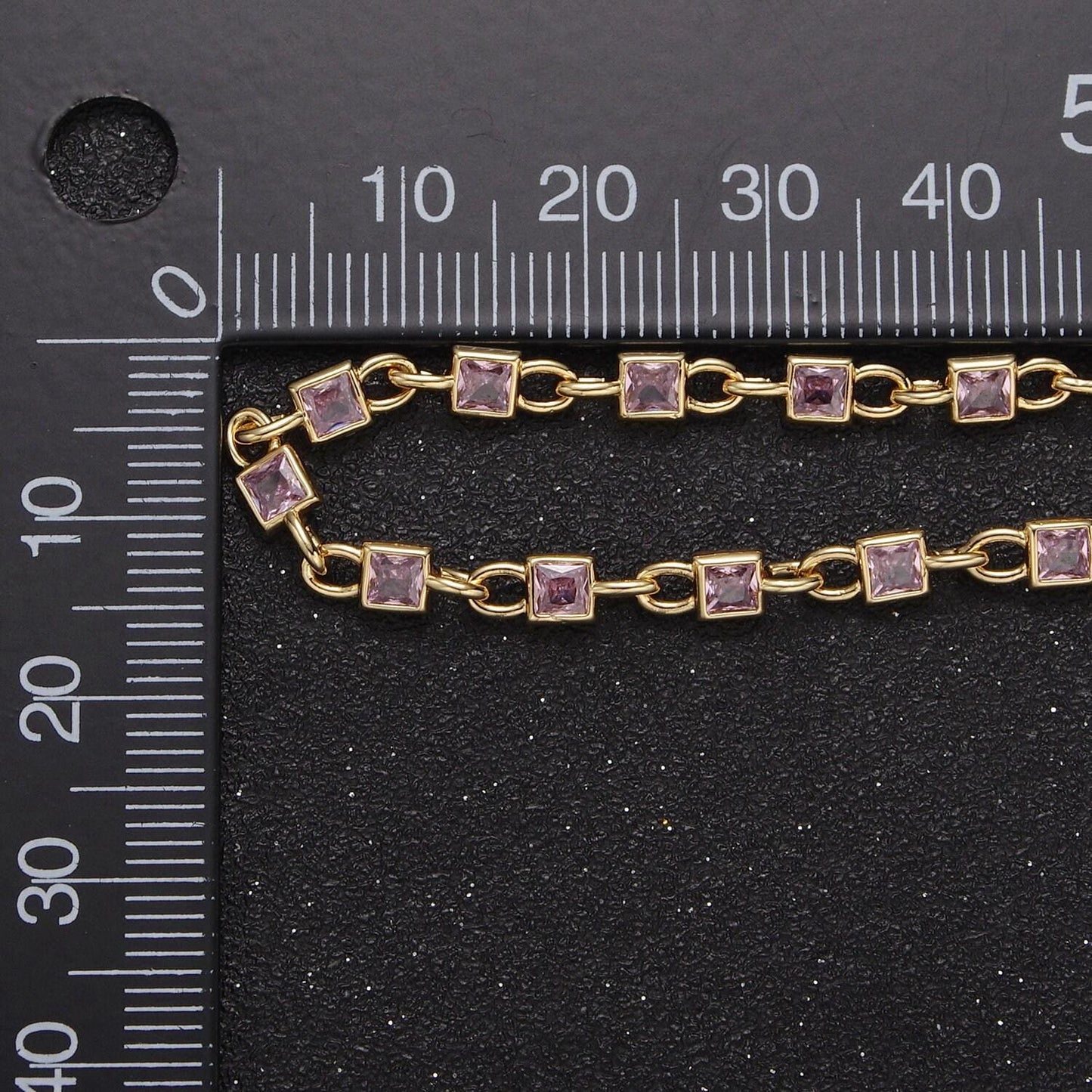 4.0mm 24k gold filled square bezel link unsoldered cut cubic zirconia cz chain by yard bulk wholesale | roll-758, -759, -760, -761, -777