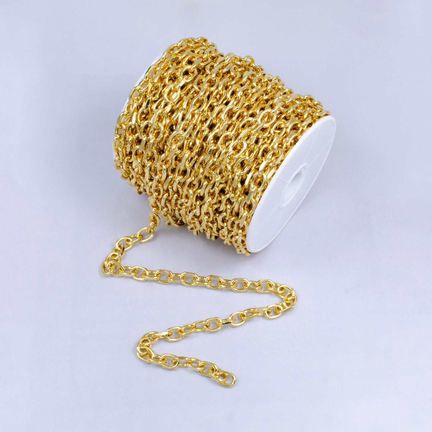 24k gold plated small paperclip chain by yard, gold oval link, wholesale bulk roll chain for jewelry making, size 10.5mm x 7.1mm x 1.8mm