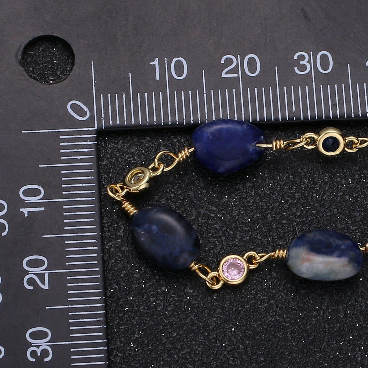 Vishuddha-throat cakra blue sodalite stone micro pave charm 24k gold chain, 5th cakra semiprecious stone beads chain, roll-334