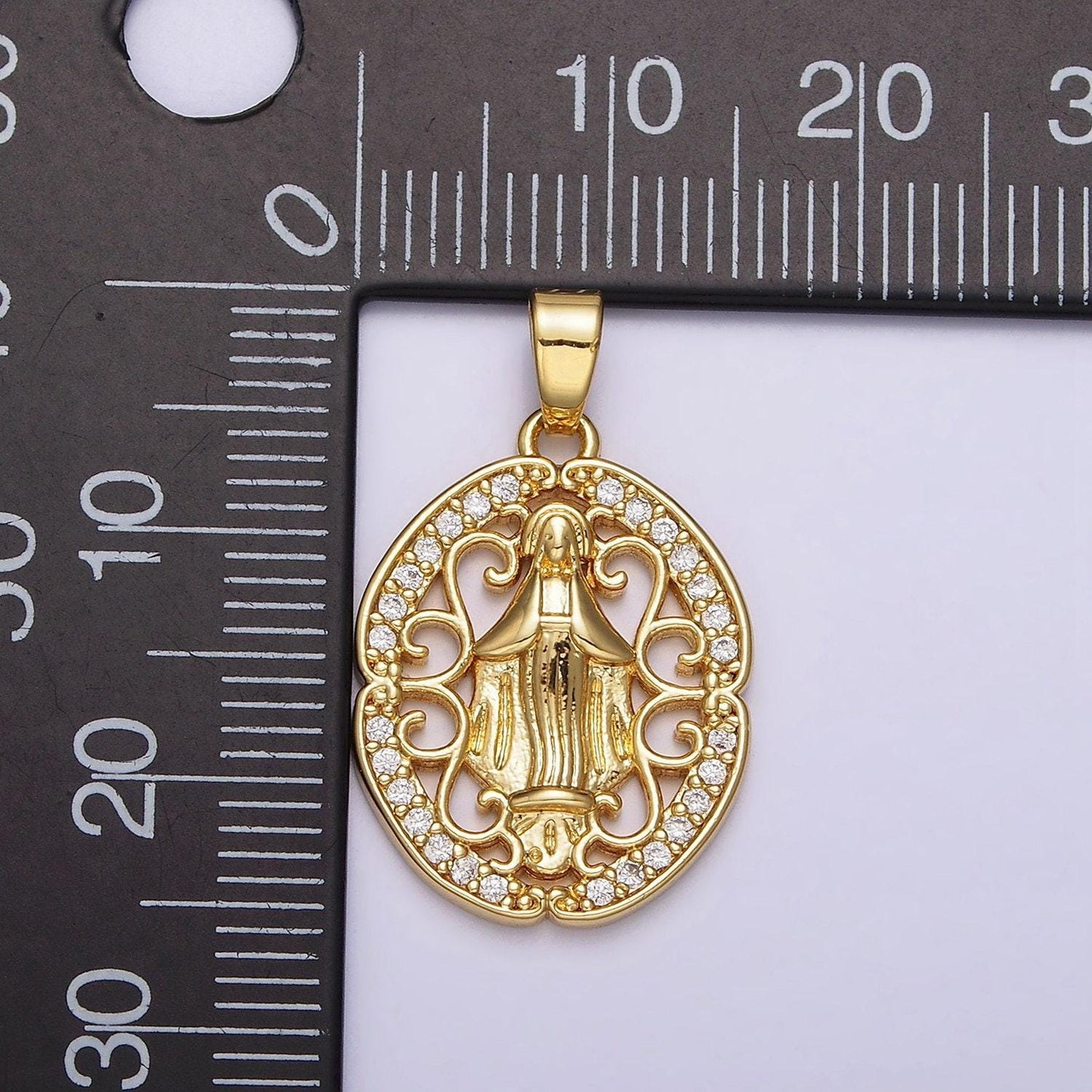 14k gold filled mother mary lady guadalupe elaborate open micro paved cz oval pendant | n1314