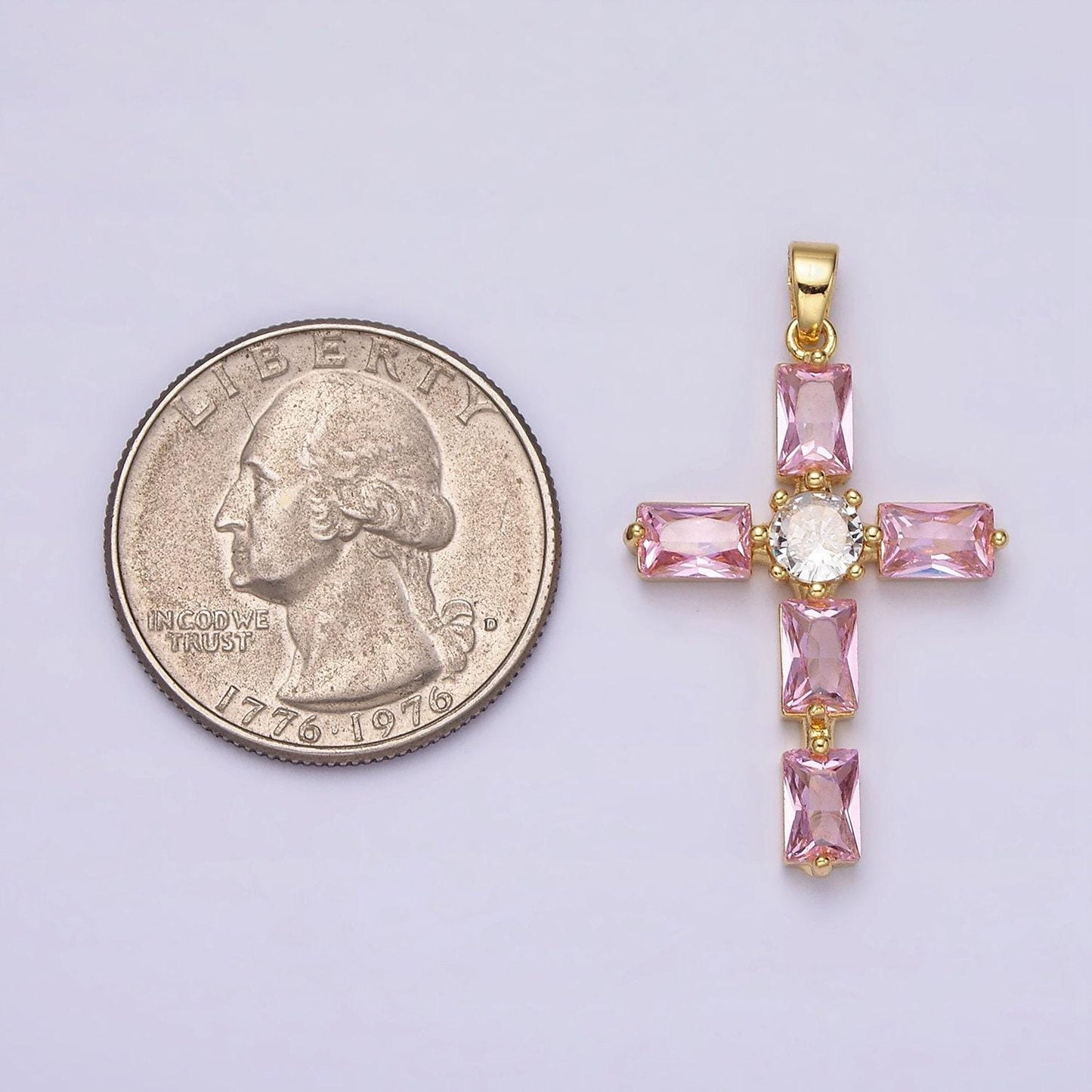 24k gold filled cubic zirconia pink, clear baguette dotted religious cross in silver & gold necklace pendant | aa543 - aa546