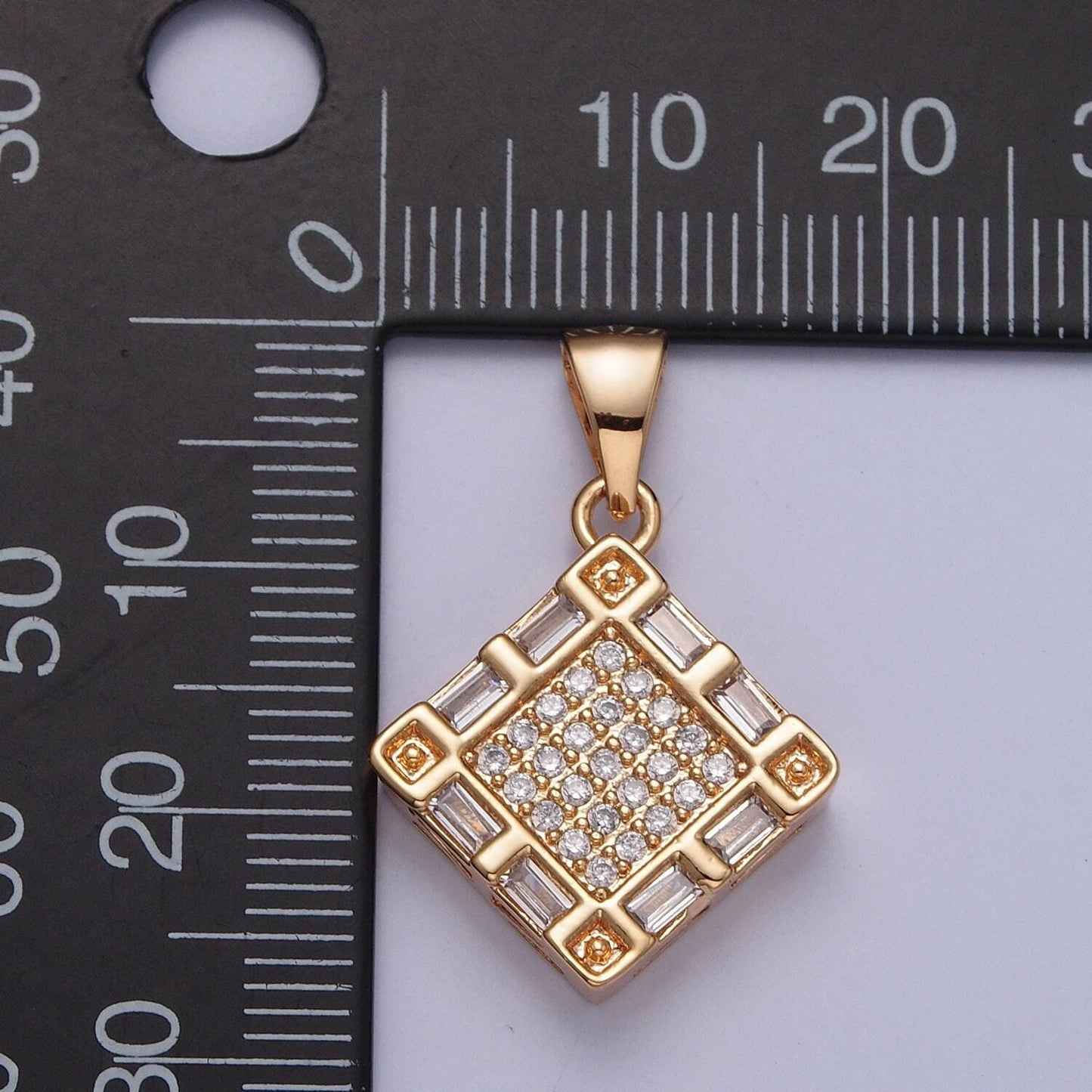 18k gold plated cube micro pave cz baguette stones pendant, dainty micro pave diamond charm for necklace bracelet earring | x-370