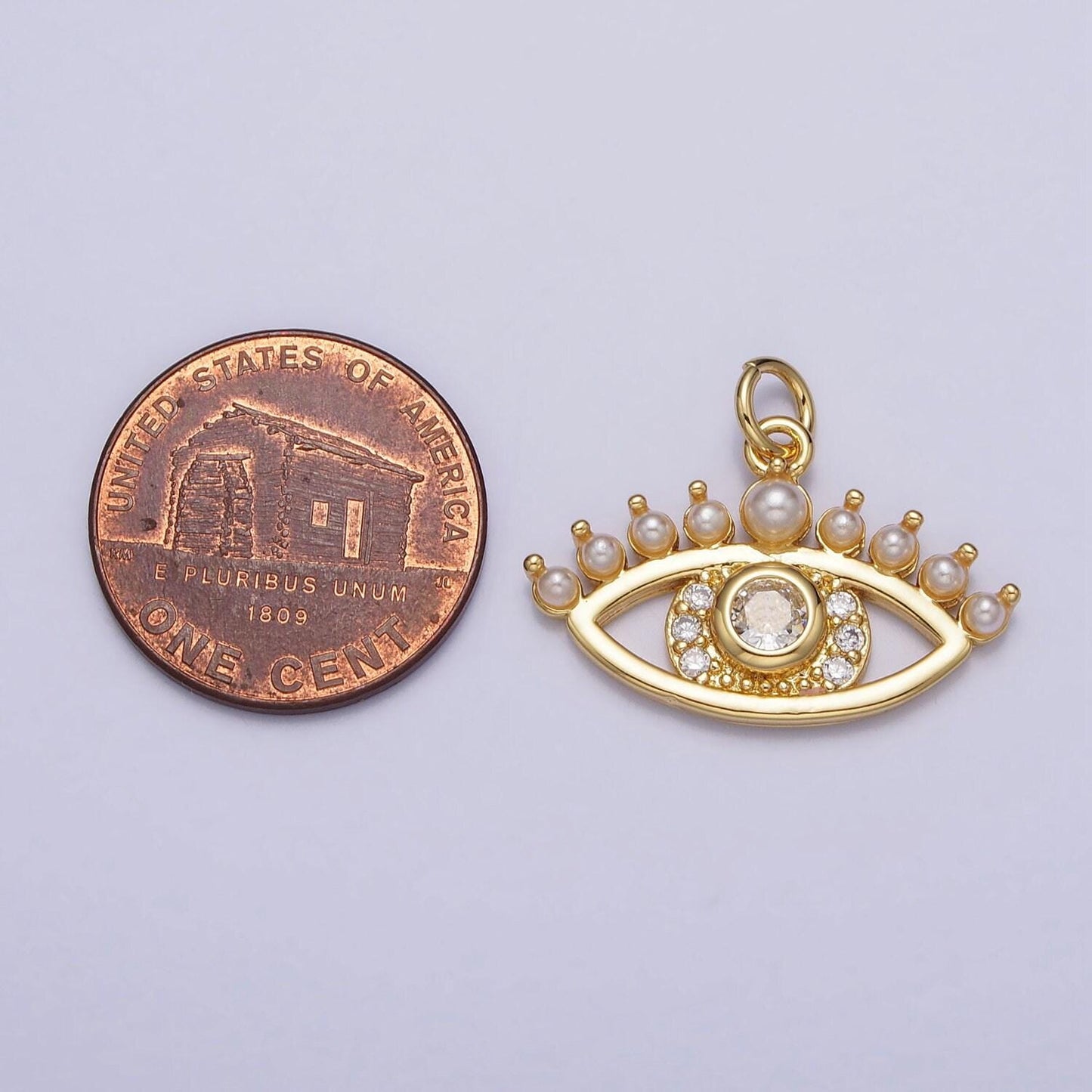 24k gold filled clear cz pearl lined evil eye protection charm eyebrow eye pendant | ac315