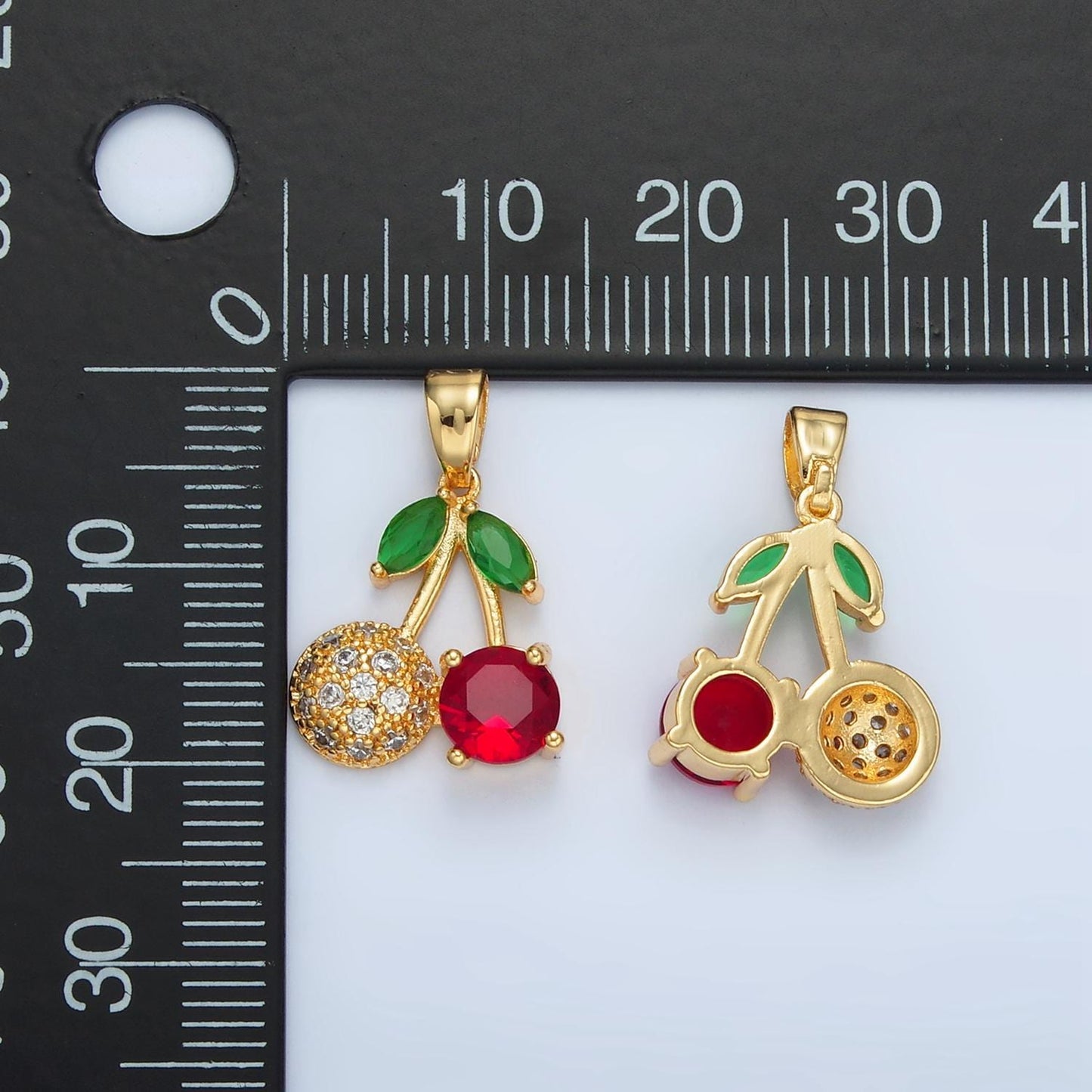 Red single cherry & micro paved cz cherry 24k gold filled fruit charm | aa-129