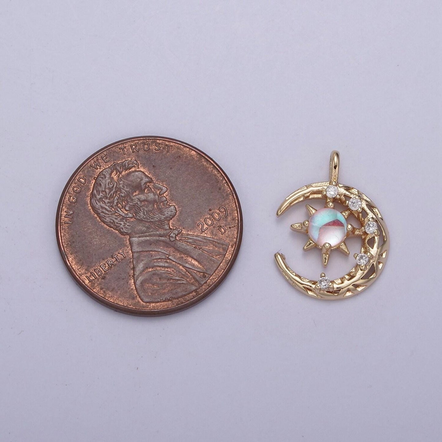 Mini micro pave rainbow moonstone crescent moon pendant in 14k gold filled celestial jewelry june birthstone n-704