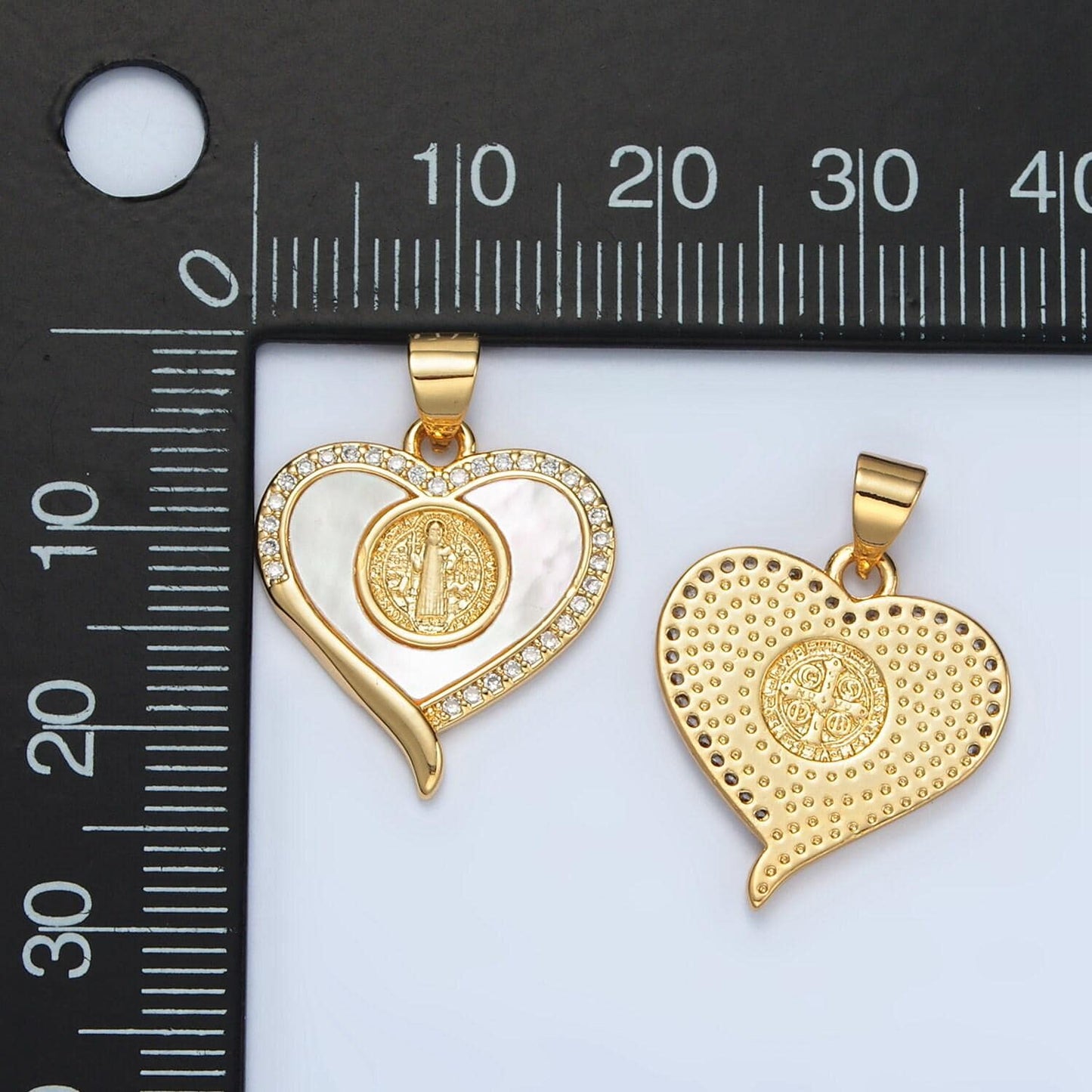 Dainty mother of pearl heart charm with saint benedict pendant for religious bracelet necklace jewelry making san benito pendant i175