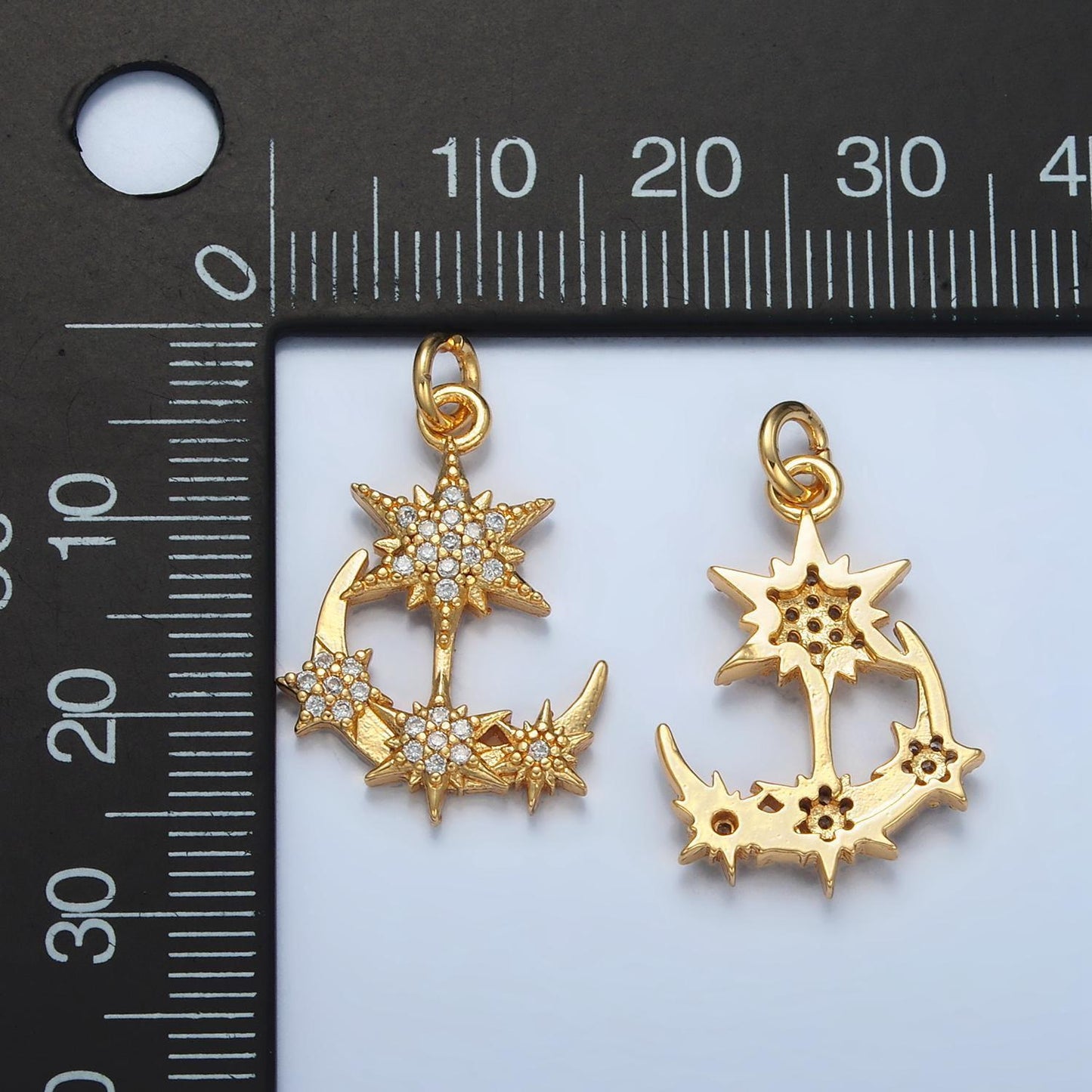 24k gold filled micro paved cz stars on crescent moon celestial charm | e-305