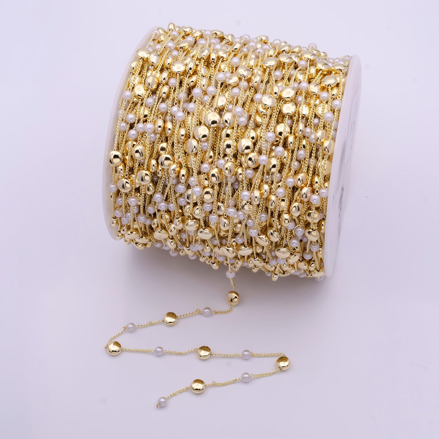 24k gold unfinished dainty round disc pearls station chain by yard, wholesale bulk gold circular beaded roll chain for jewelry | roll-825