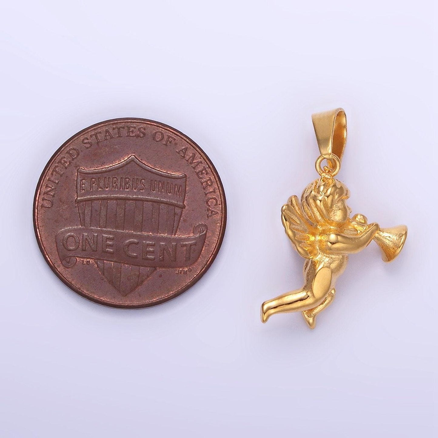 24k gold filed cherub baby angel with trumpet 3d mini valentine love charm in gold | p1456