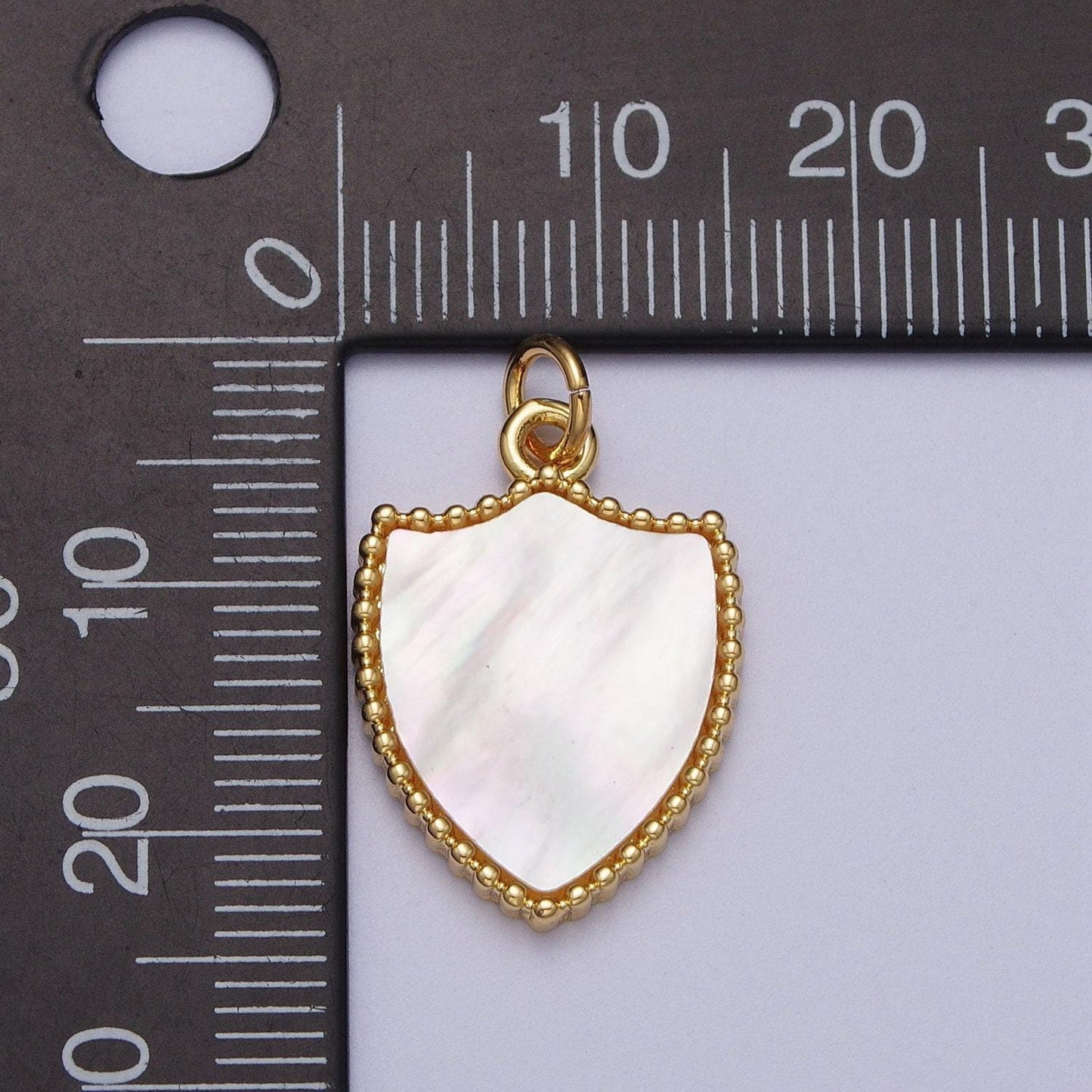 Gold frame pearly white heart pendant, 14k gold filled shell pearl shield medallion charm | e-540 e-543