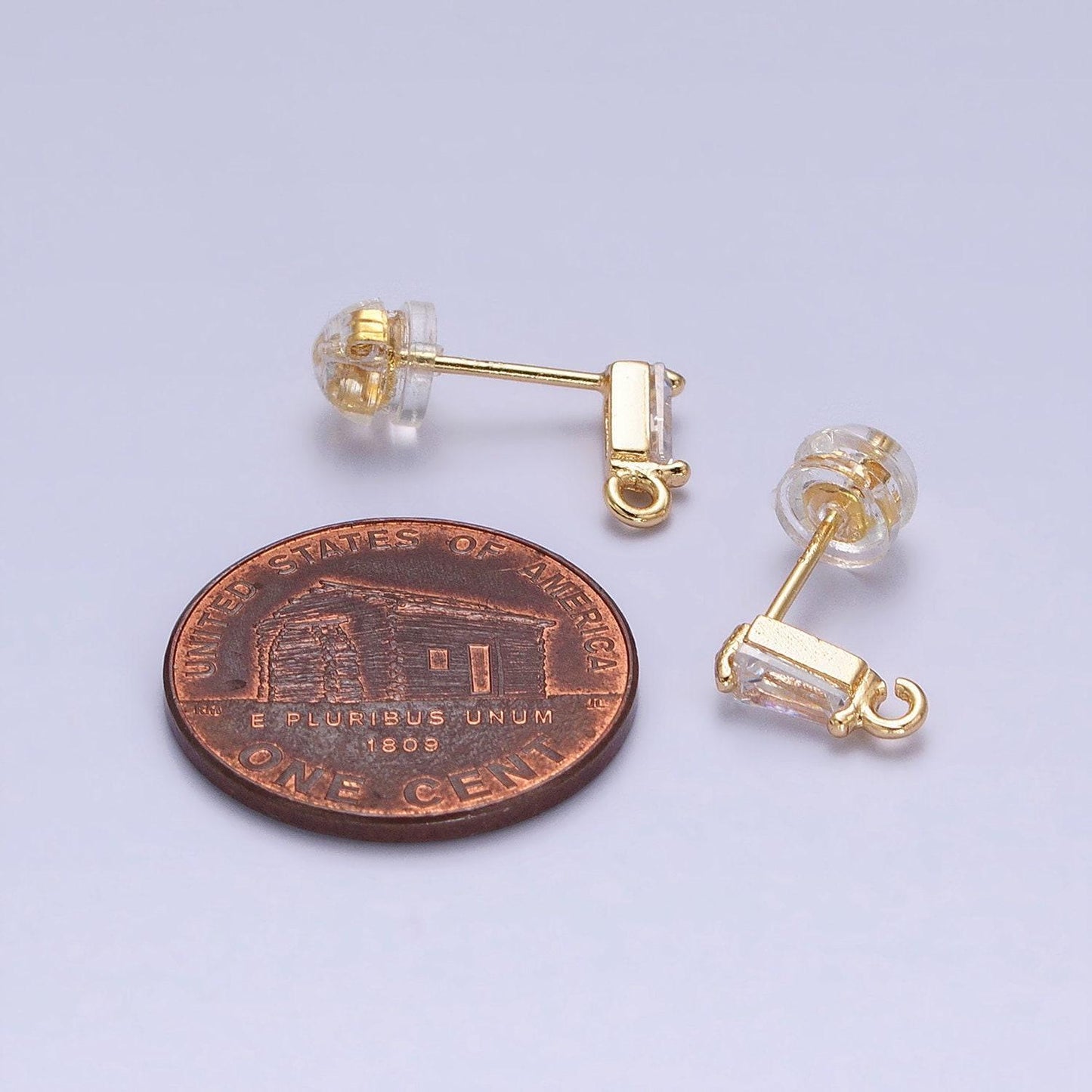 Tiny baguette cz cubic earring post w/ open link, nickel free 9x3mm design 16k gold plated brass, cz, earring making post 1 pair z176