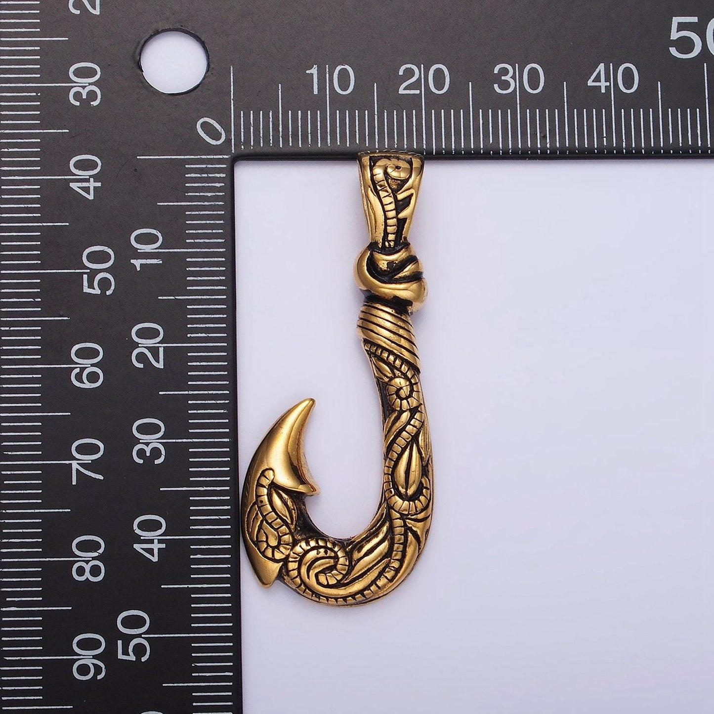 Stainless steel 47mm fish j-hook vine engraved pendant in silver & gold | p779