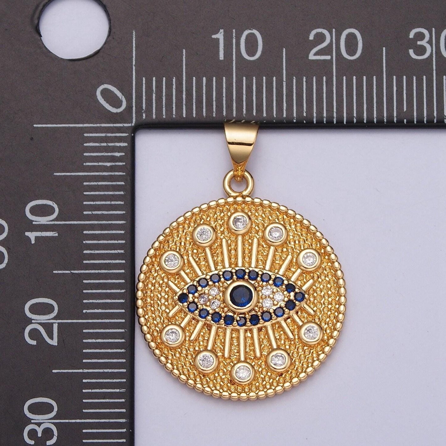 24k gold micro pave round coin blue cz evil eye pendant, greek eye micro pave cz charm for diy jewelry | h-688