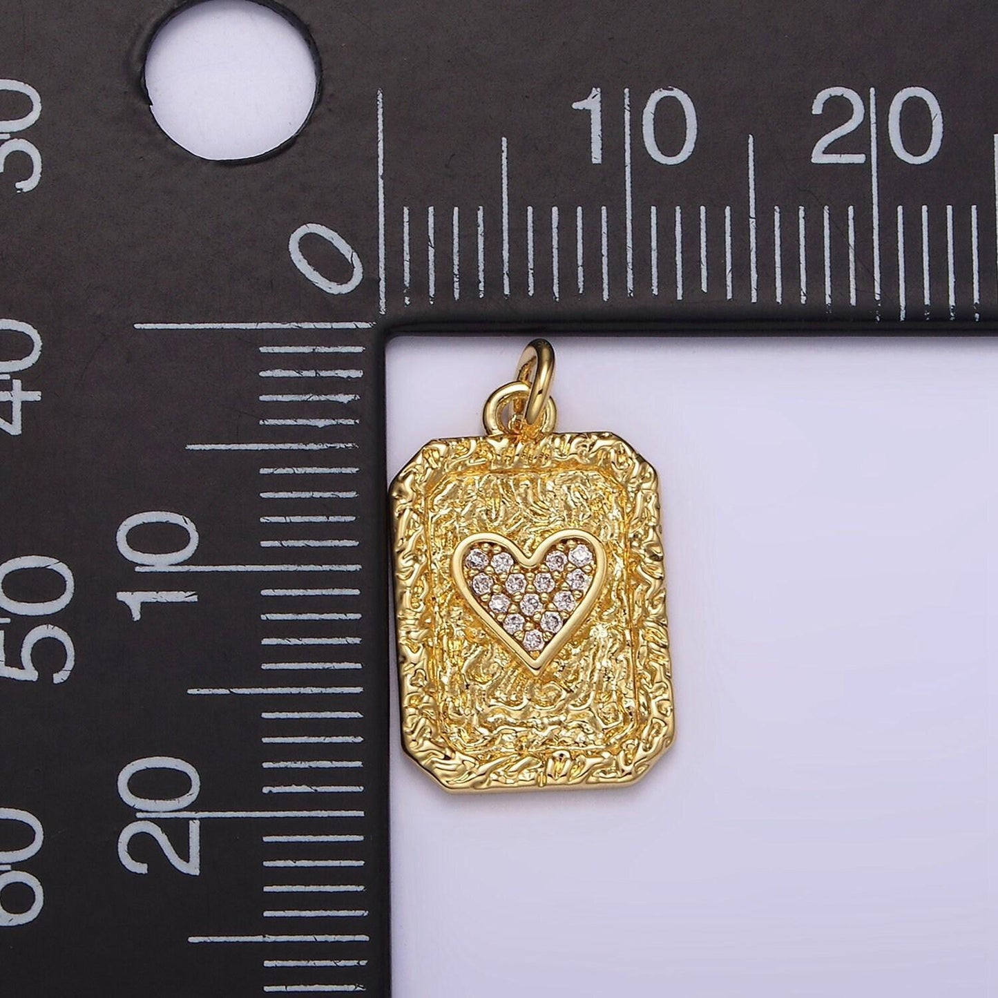 14k gold filled heart card micro paved cz rustic rectangular tag charm pendant | ag259