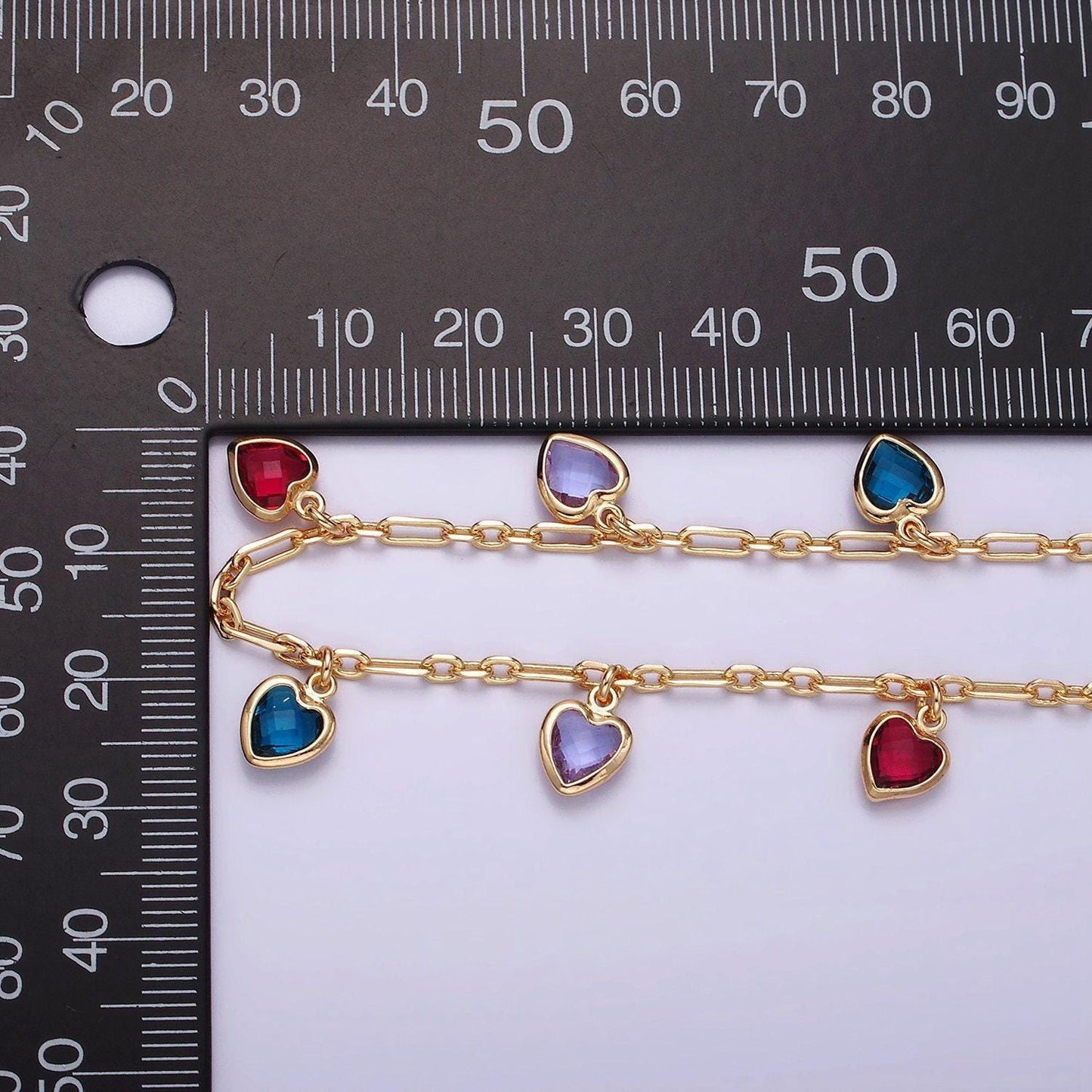 18k gold filled heart cz charm multicolor multifaceted drop cable paperclip unfinished chain for jewelry making | roll-1429