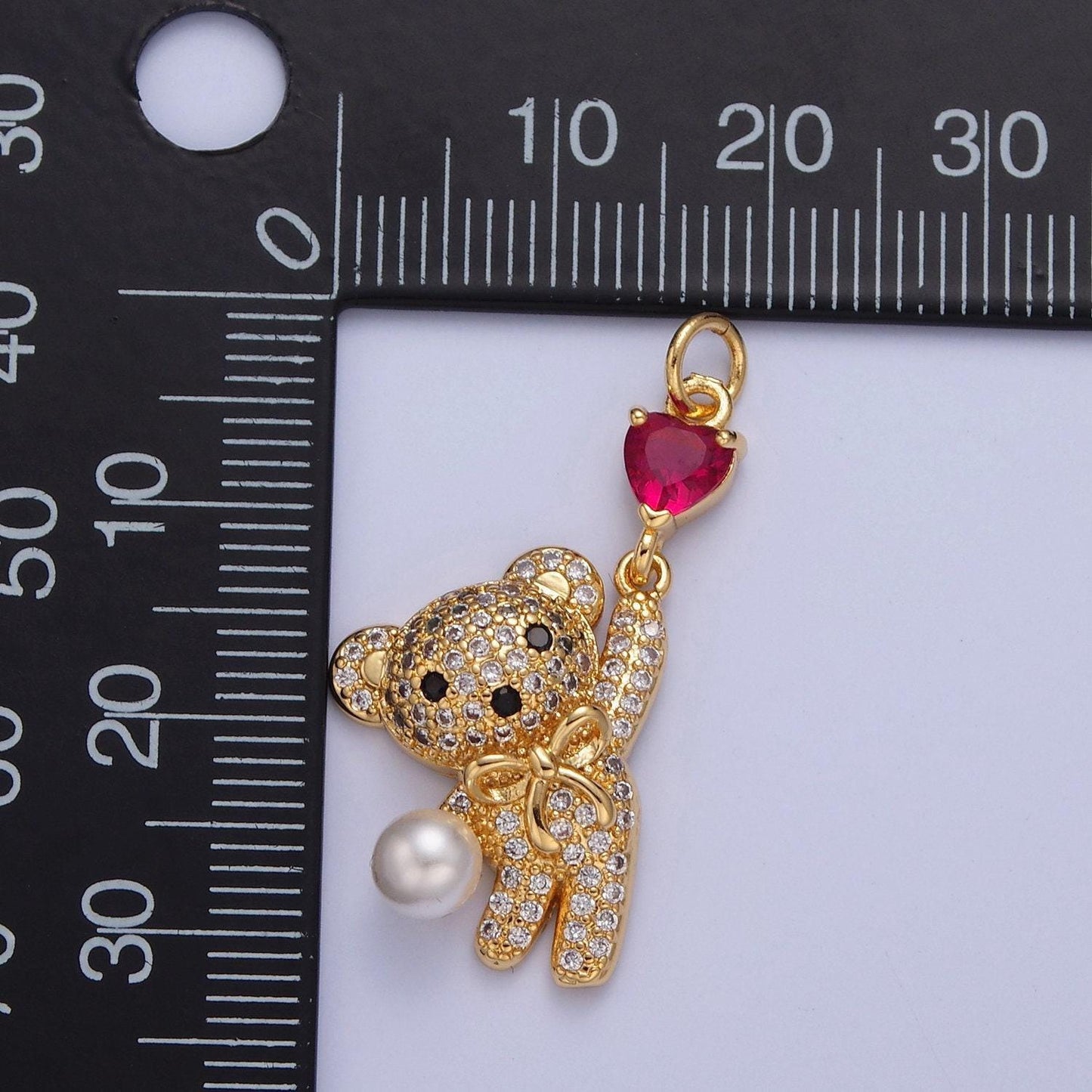 24k gold filled cute teddy bear charm, deep pink heart & white pearl cubic pendant, dainty jewelry pendants necklace bracelet charm | w-289
