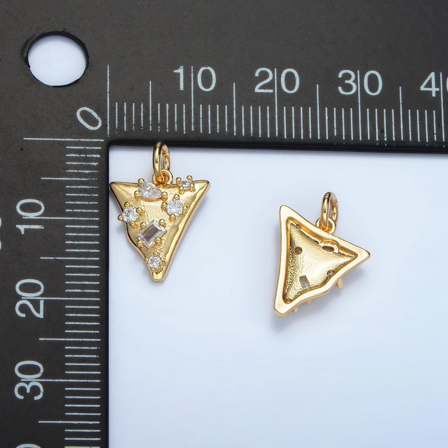 24k gold filled clear abstract cz paved triangle charm | e-091
