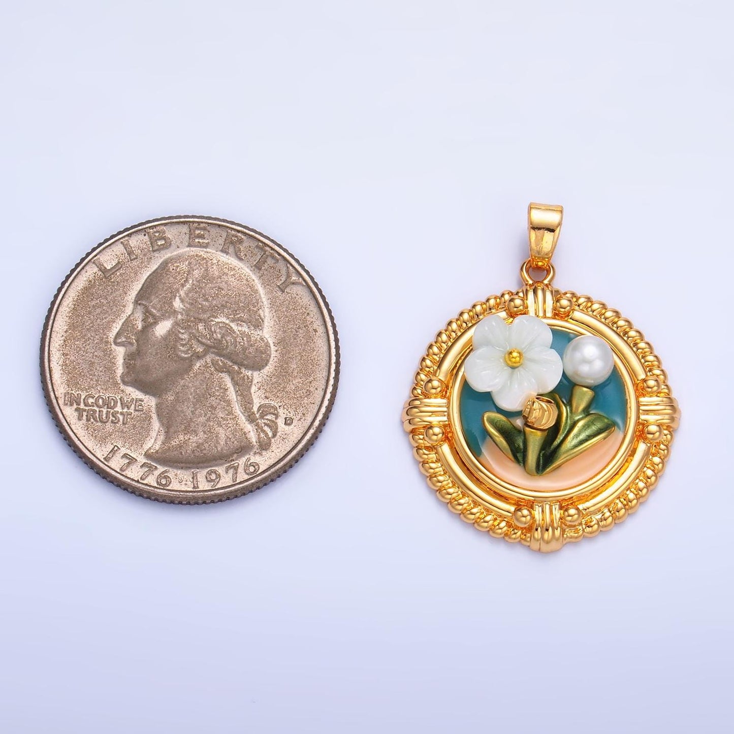 Beautiful Pearl Painting enamel pastel colors stamped flower 24k gold filled snap latch bail pendant | AA1076