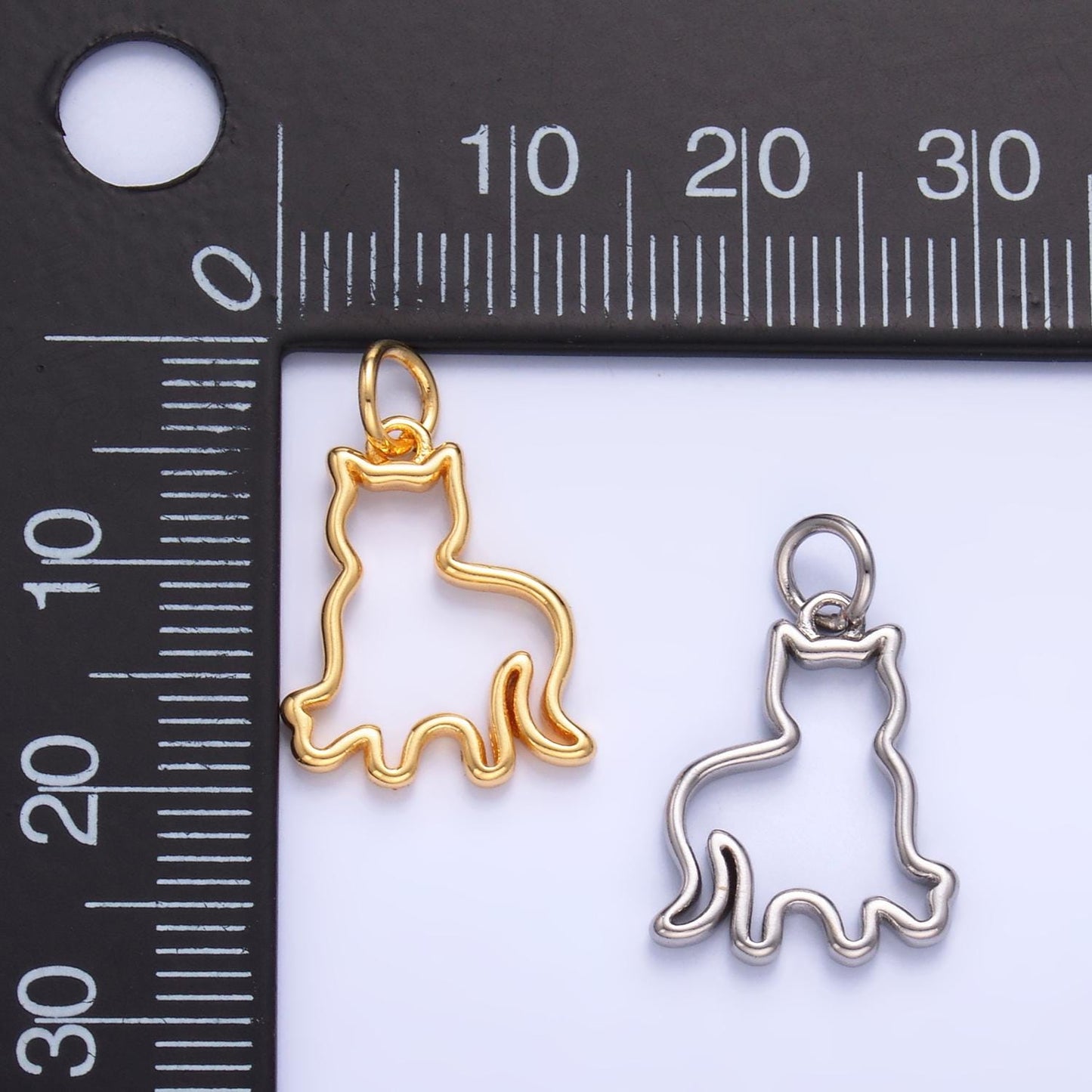 24K Gold Filled Open Cat Pet Silhouette Outline Charm in Gold & Silver Pussy Animal Charm | W397