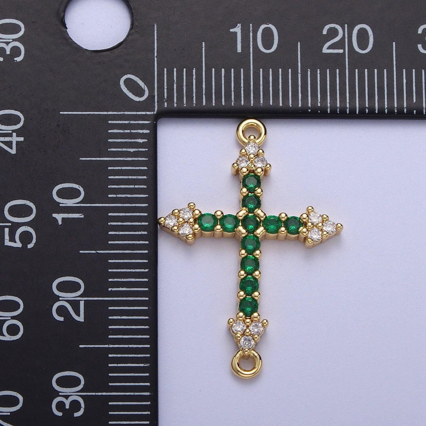 Gold cz cross charm connector, 24k gold plated clear/green micro paved cz arrow cross religious link connector | f-241, f-303