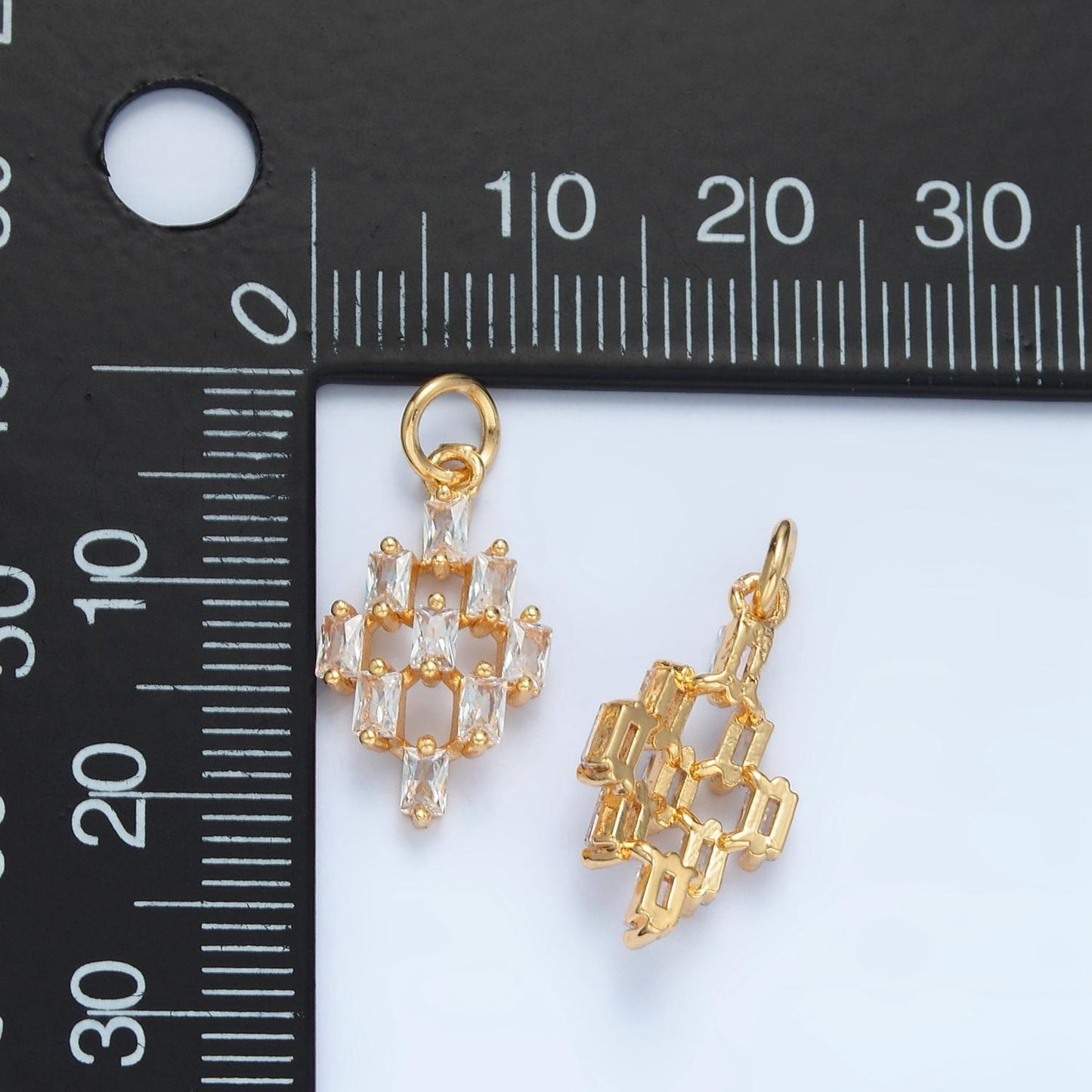 Clear cz baguette geometric checkered open charm | x-290