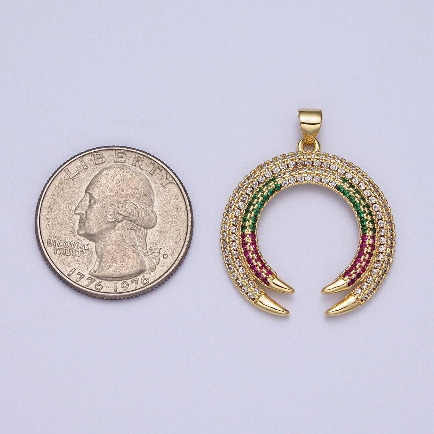 14k gold filled micro paved multicolor crescent moon charm double horn pendant upside down tusk charm| h253