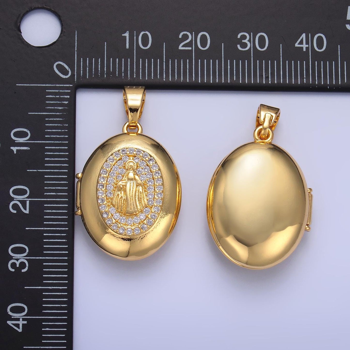 24k gold filled Miraculous Lady Design oval locket micro pave cz pendant, openable Virgin Mary Charm for Religious Jewelry Making AA-1088