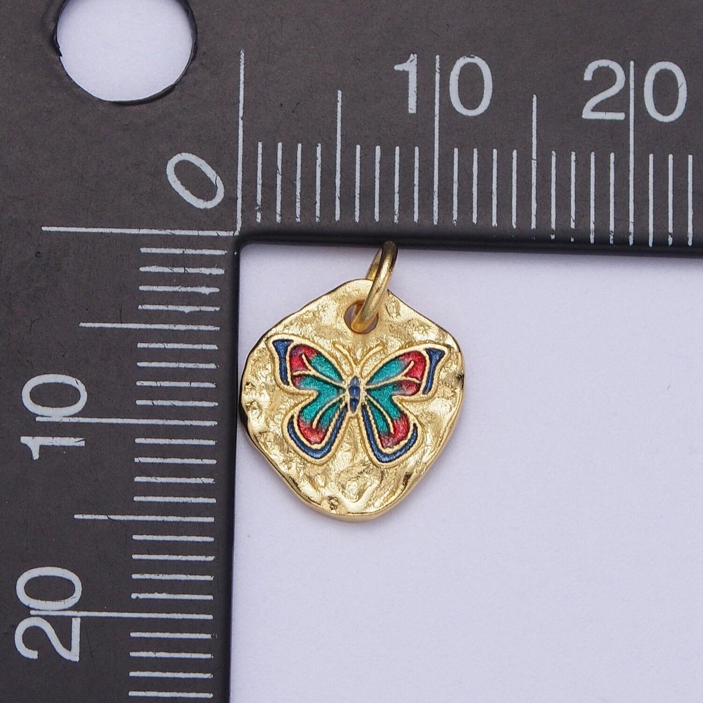 Cute gold butterflies abstract shaped pendant, 24k gold plated colorful enamel mariposa butterfly textured hammered medallion charm