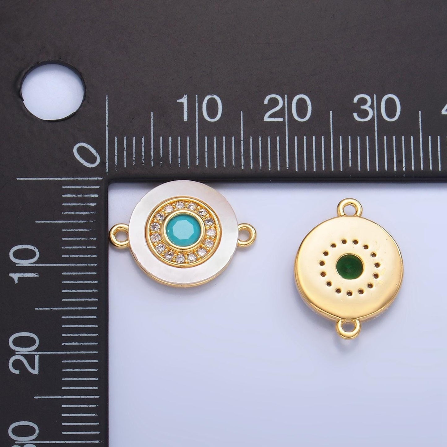 Colorful cz evil eye freshwater pearl gold bezel charm connector, evil eye round shaped gold filled double bail link connector | f823