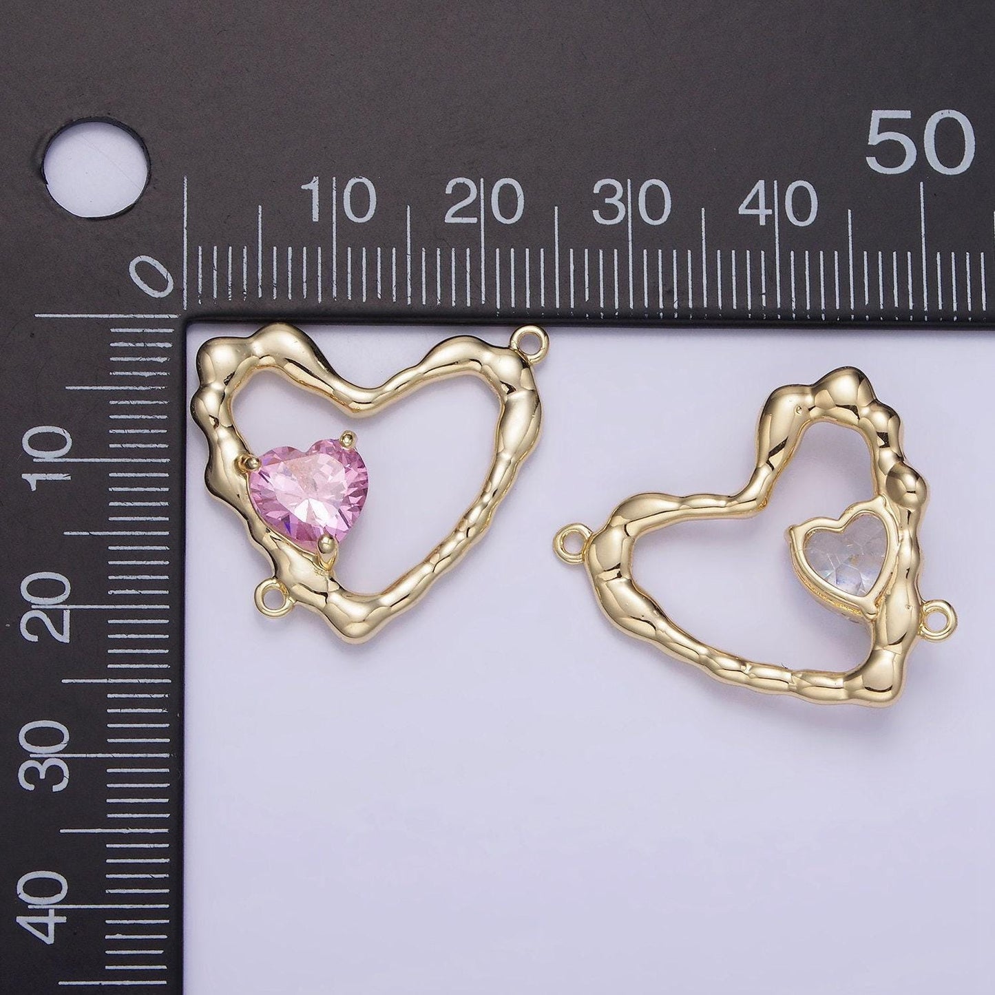 14k gold filled open heart charm with pink clear micro paved cz charm connector | g288