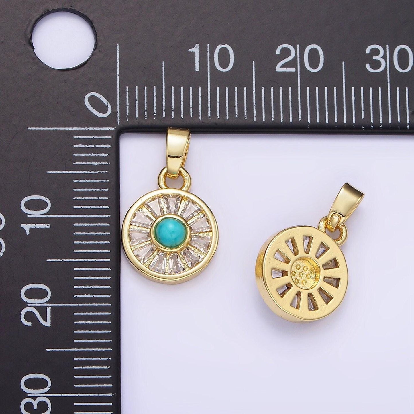14k gold filled turquoise baguette cz lined round pendant | ah-163