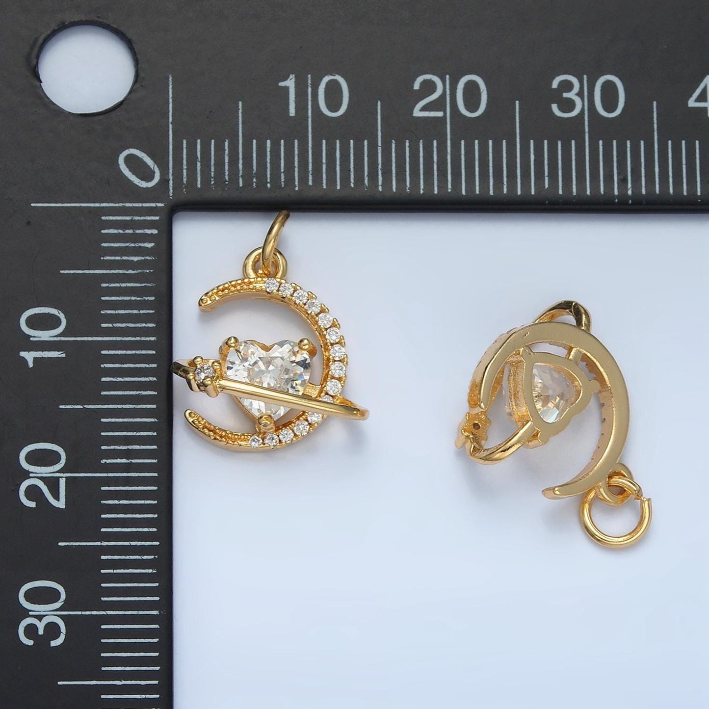 Micro paved cz crescent moon with heart gold filled celestial charm | e-741