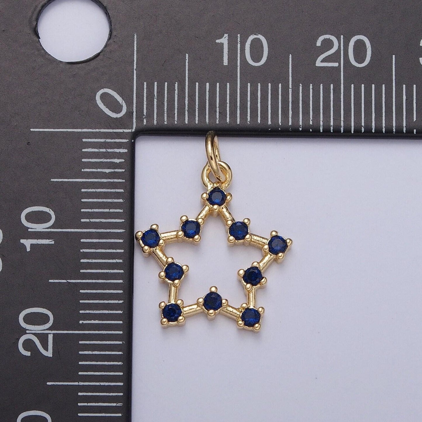 24k gold micro pave star charm, hollow center and blue stones around, cubic zirconia star pendant charm, charm, for diy jewelry | x-110