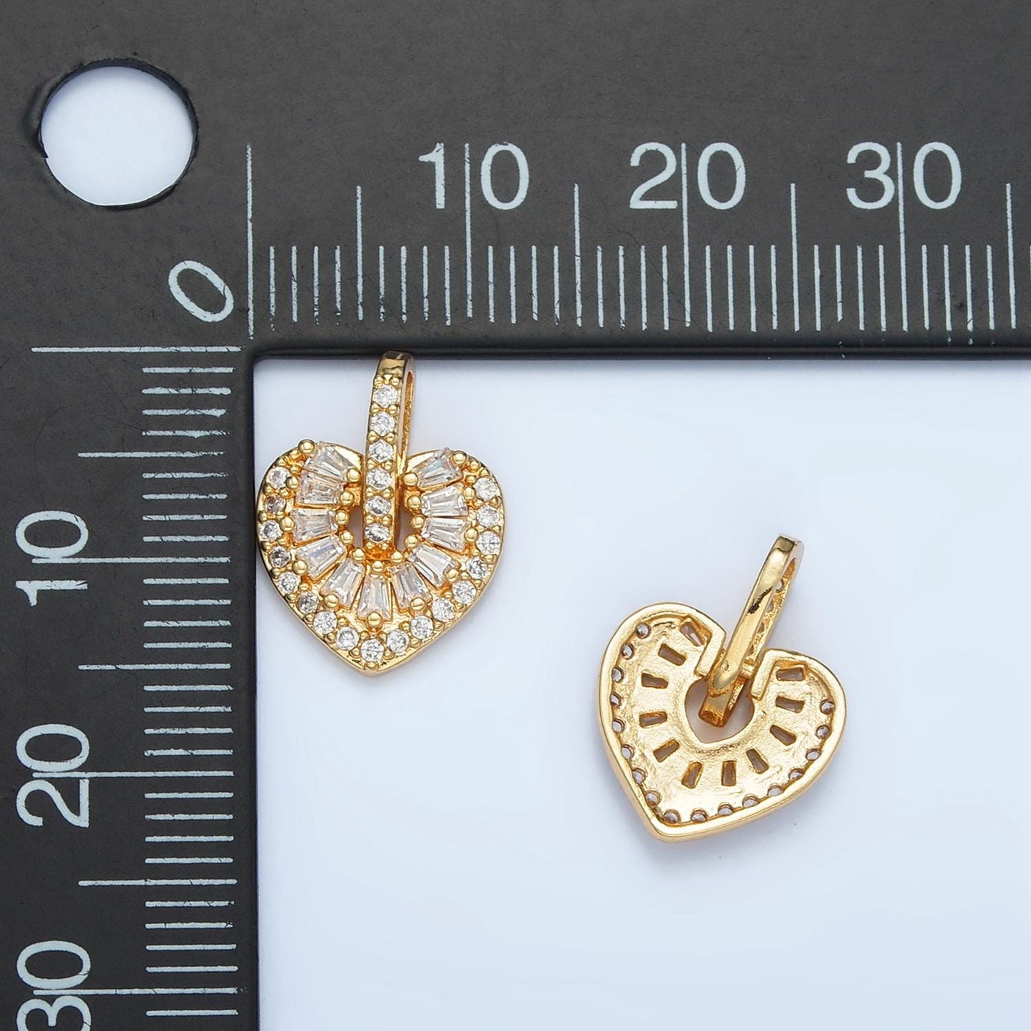 Clear baguette cz micro paved heart gold filled charm | aa-906