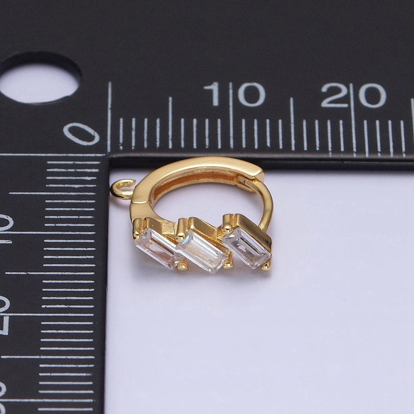 Mini silver, gold triple clear baguette cz 12mm huggie open loop earrings supply | z169 z298