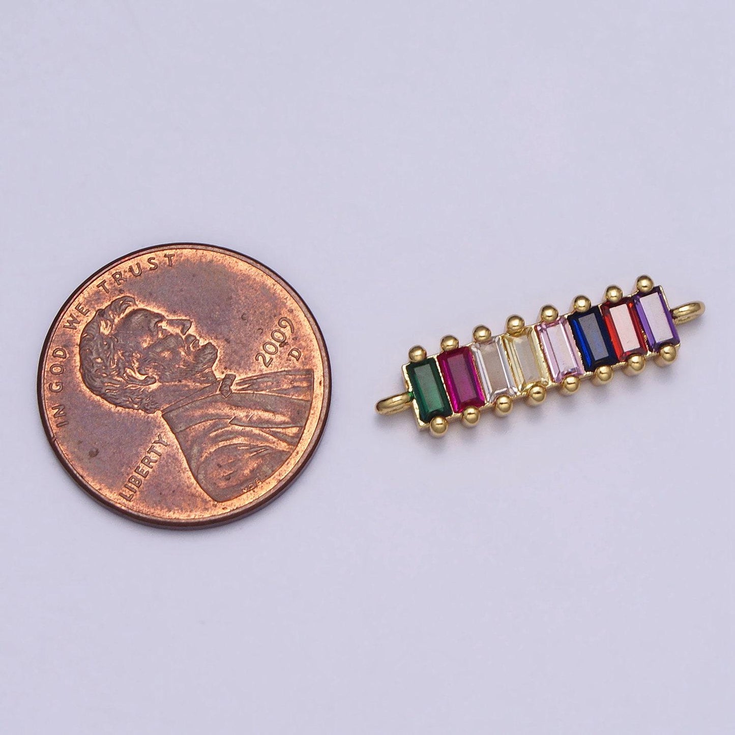Baguette dainty link charm connector pendant, dangle charm necklace link connector charms rainbow charm gold micro pave y-783