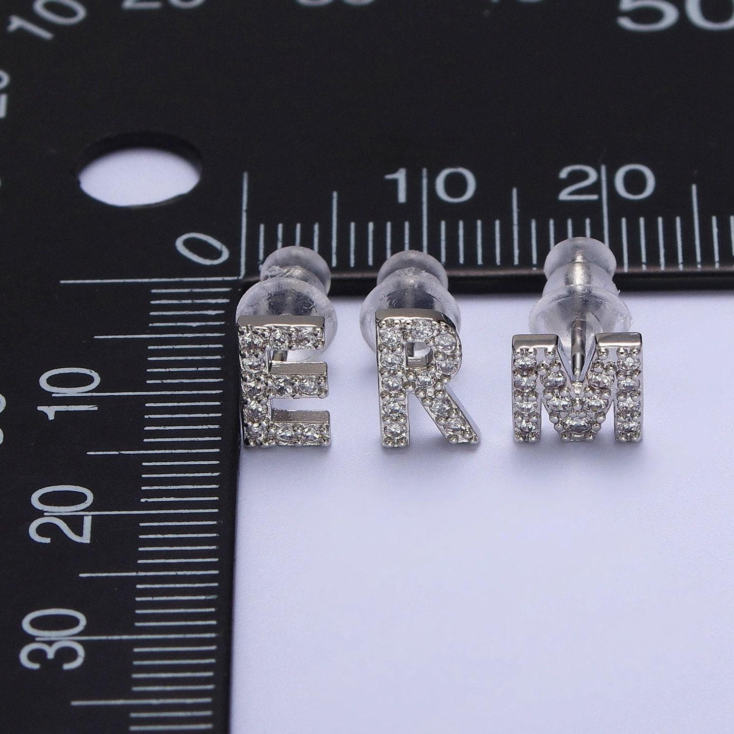 1 pair cubic zirconia tiny initial stud earring in silver, personalized alphabet letter earring, birthday christmas gift for her