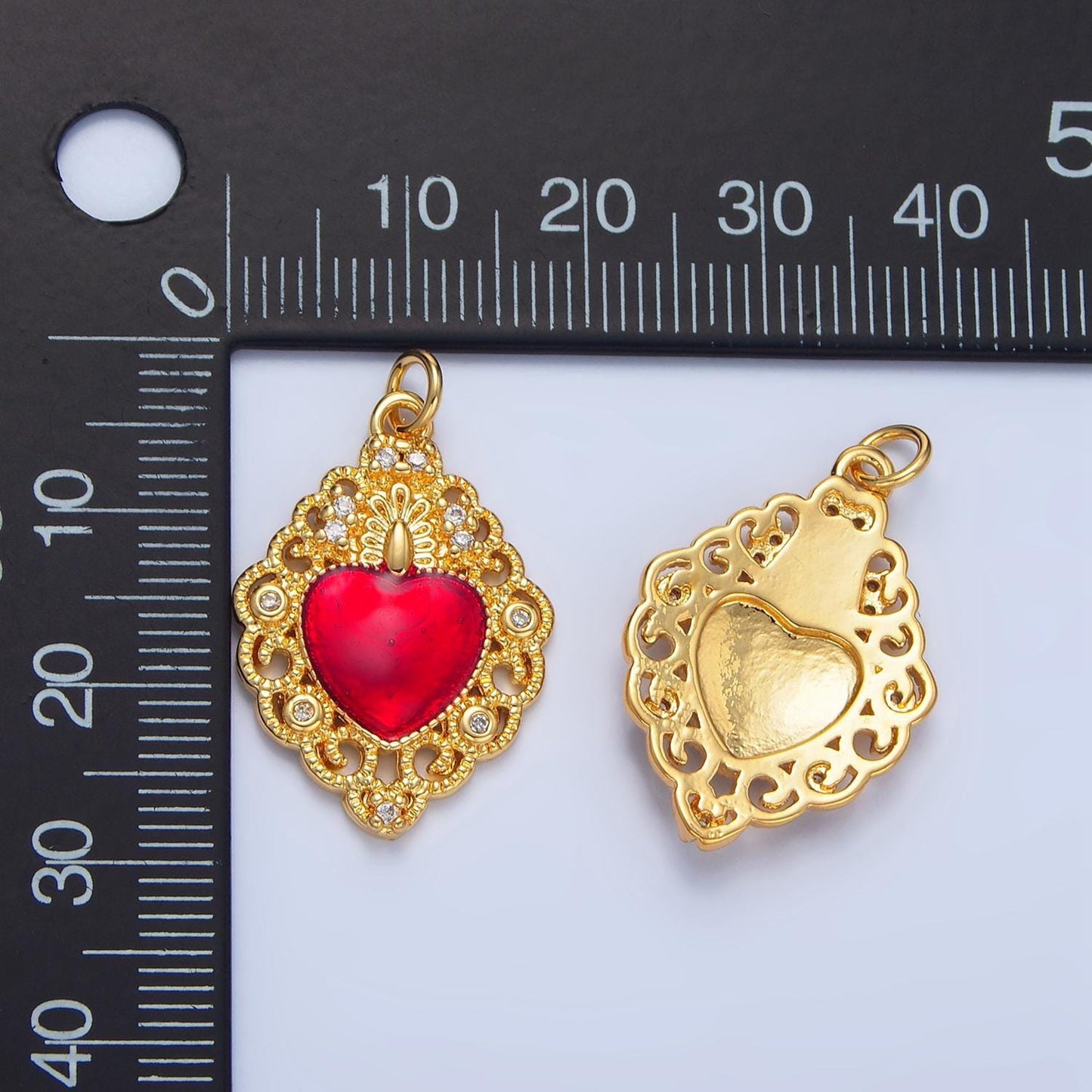 Cz red geometric fancy artisan heart 24k gold filled charm | x-867