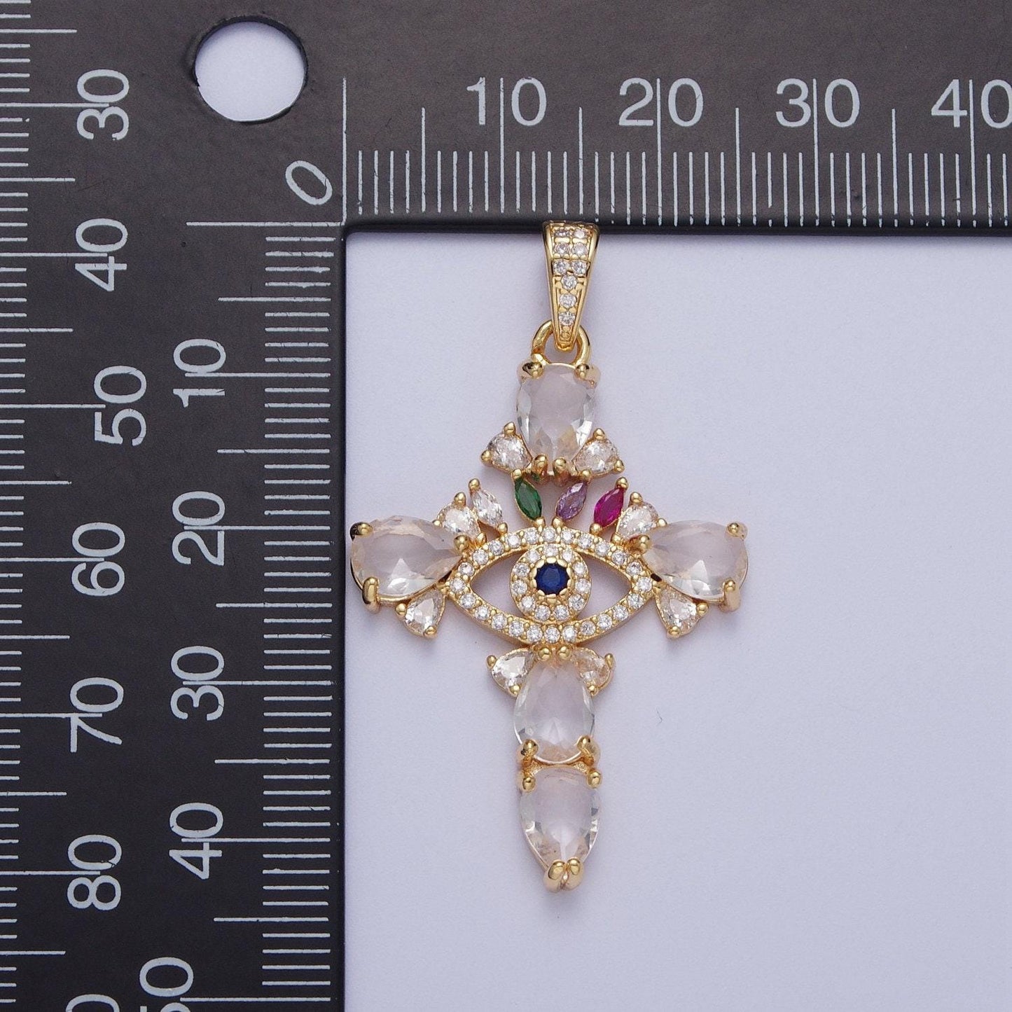 Gold cz crystals evil eye cross pendant, 24k gold filled marquise diamonds colorful micro paved cz eye of ra religious cross charm | x-698